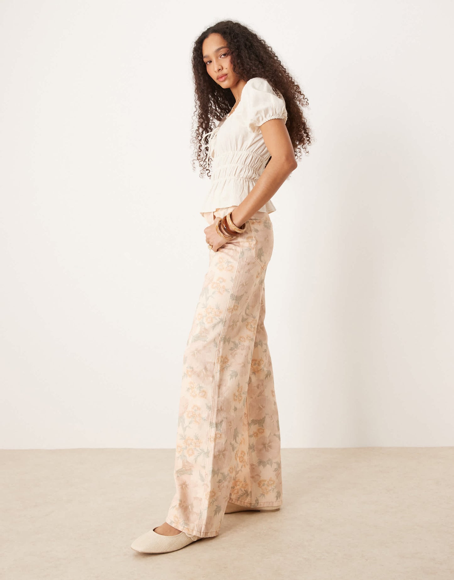 Mango Aba washed floral jeans in pale pink