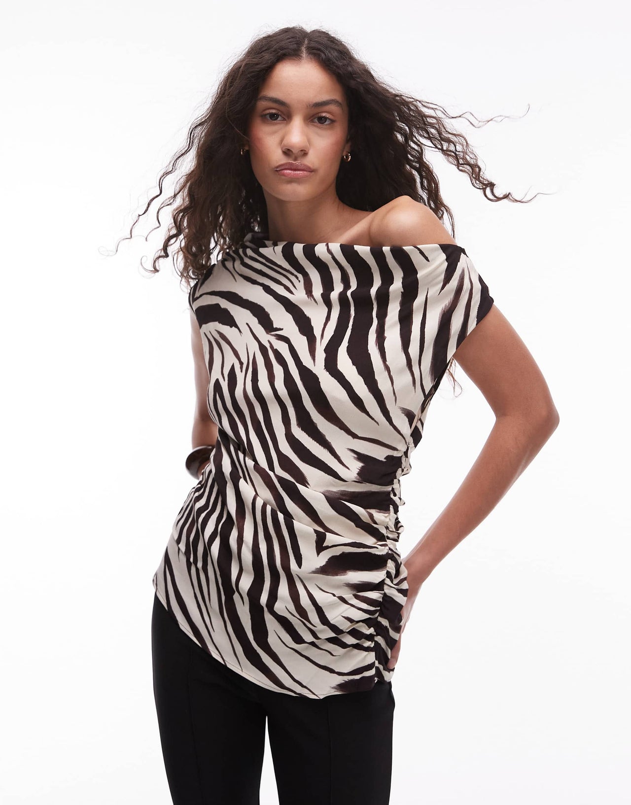 Mango one shoulder mixed zebra print top in white
