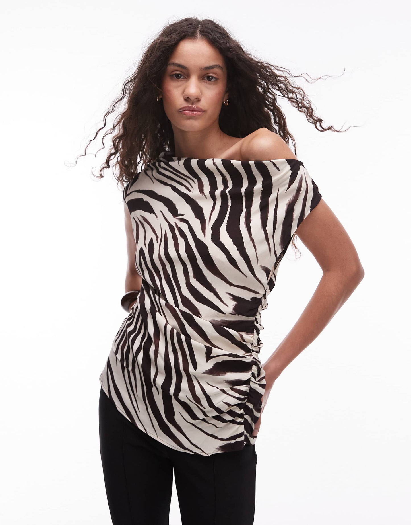 Mango one shoulder mixed zebra print top in white
