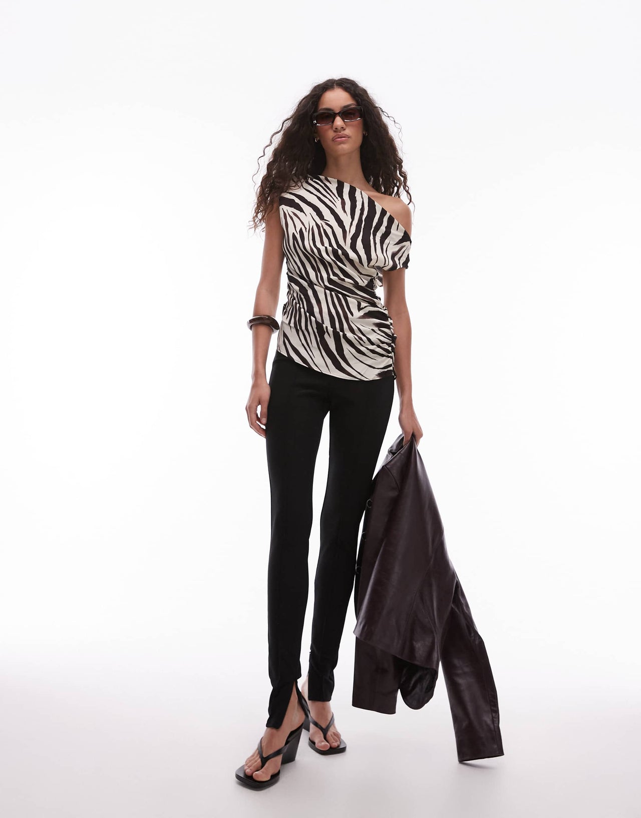 Mango one shoulder mixed zebra print top in white