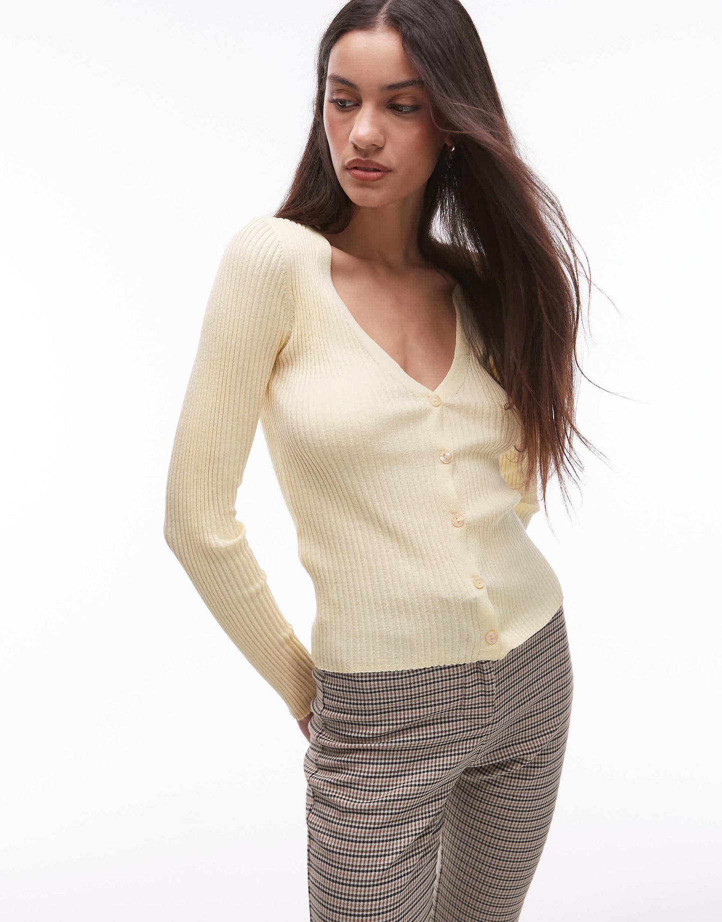 Mango fine rib linen mix cardigan in pale yellow