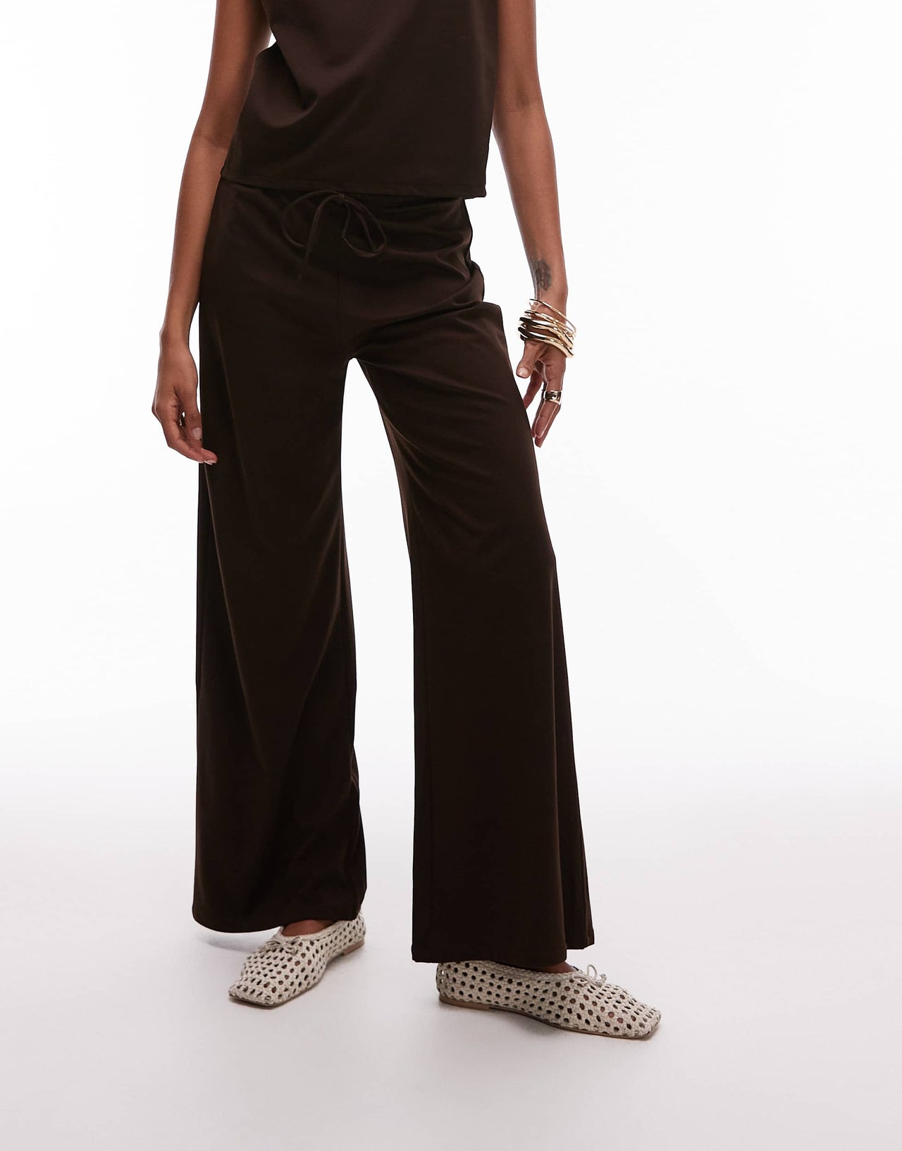 Mango tie waist wide leg polyamide trouser co-ord in chocolate