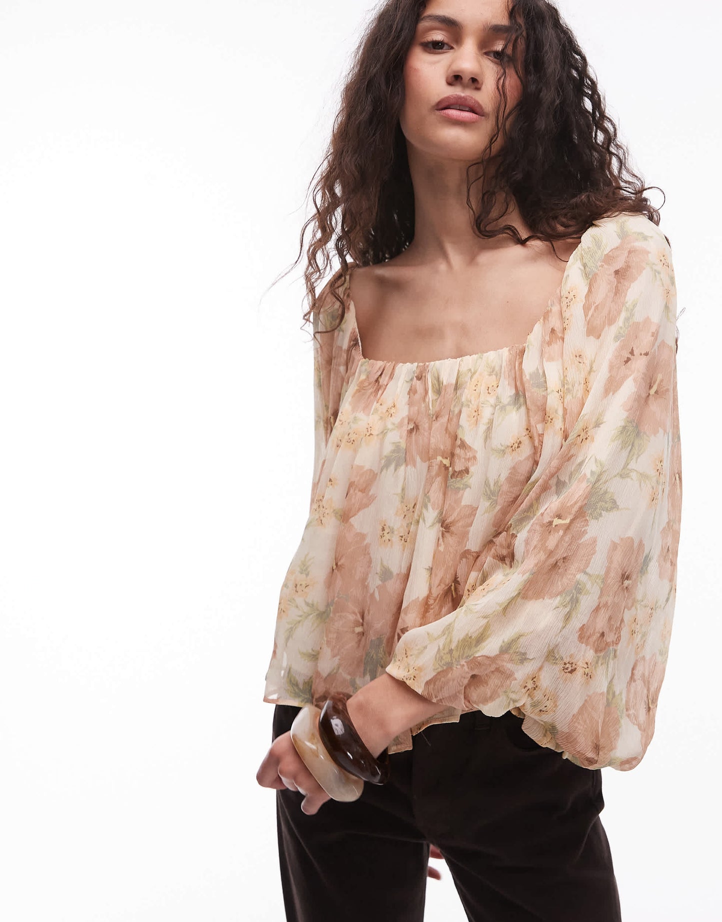 Mango floral print volume blouse in pale yellow
