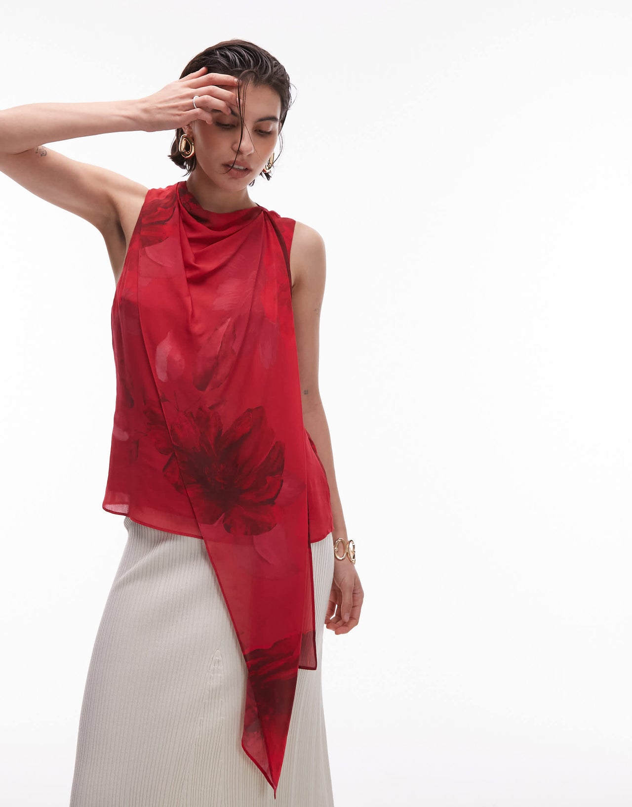Mango satin asymetric top in blurred red floral print