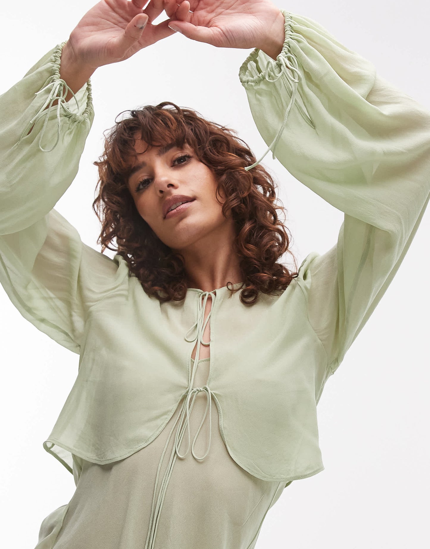 Mango tie front cape layer top in pale green