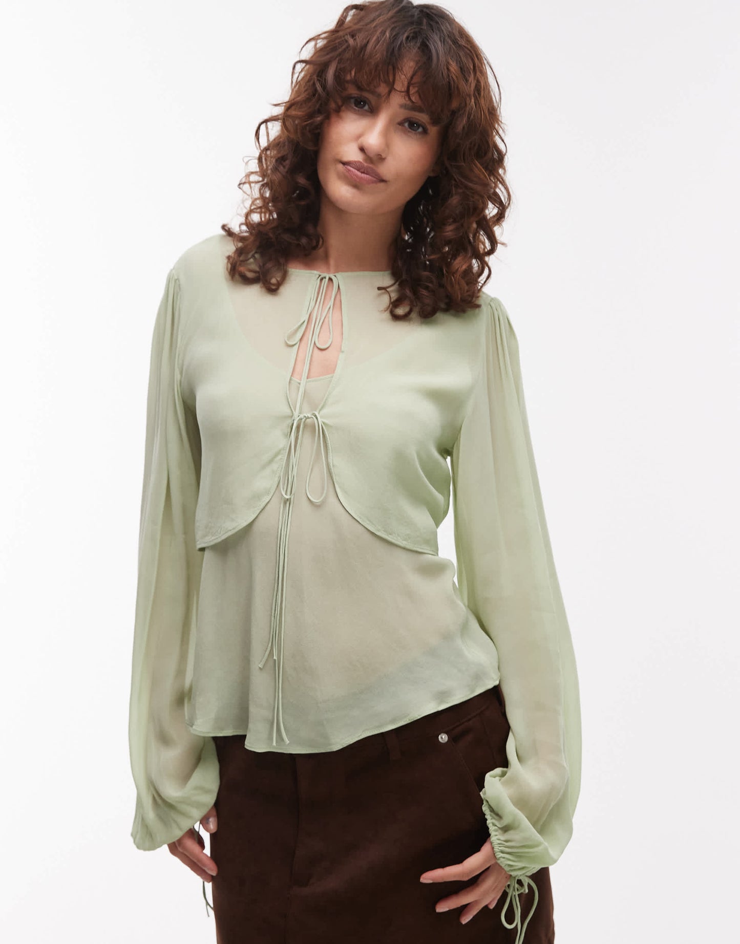 Mango tie front cape layer top in pale green
