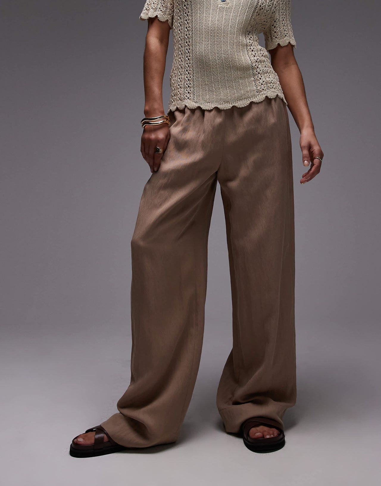 Mango crinkle elasticated waist straight leg trouser in beige