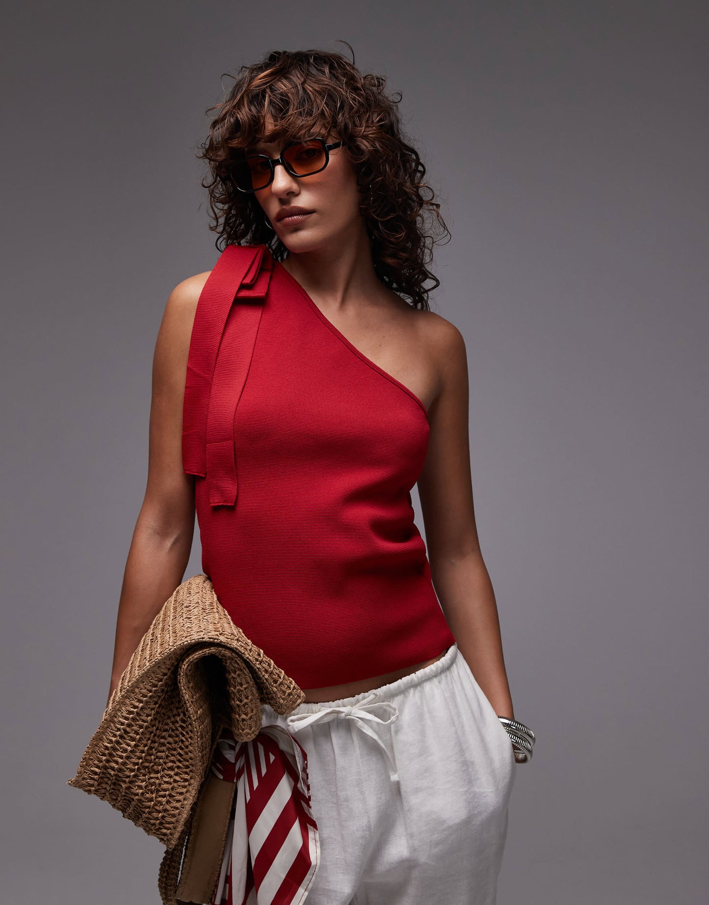 Mango one shoulder tie knitted top in red