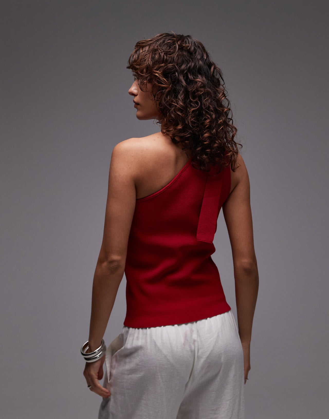 Mango one shoulder tie knitted top in red