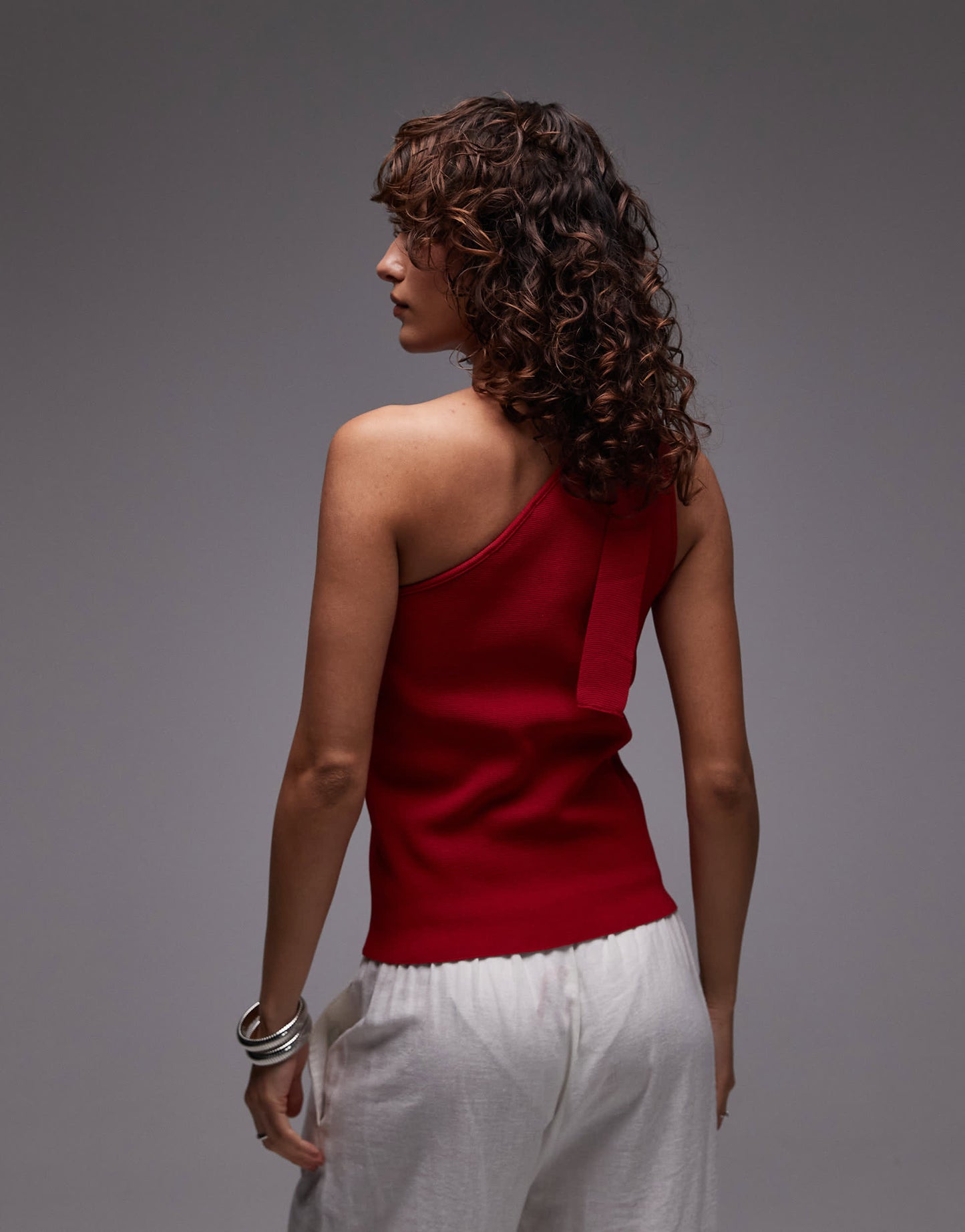 Mango one shoulder tie knitted top in red