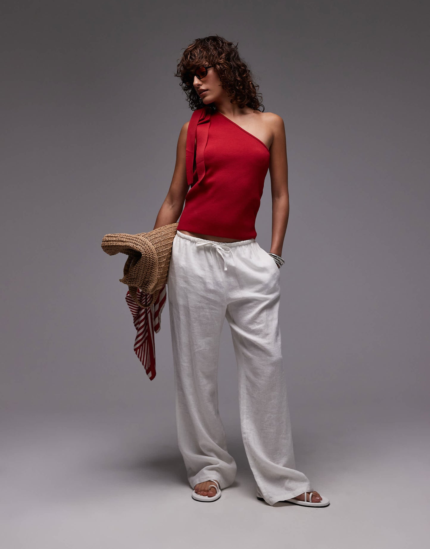 Mango one shoulder tie knitted top in red