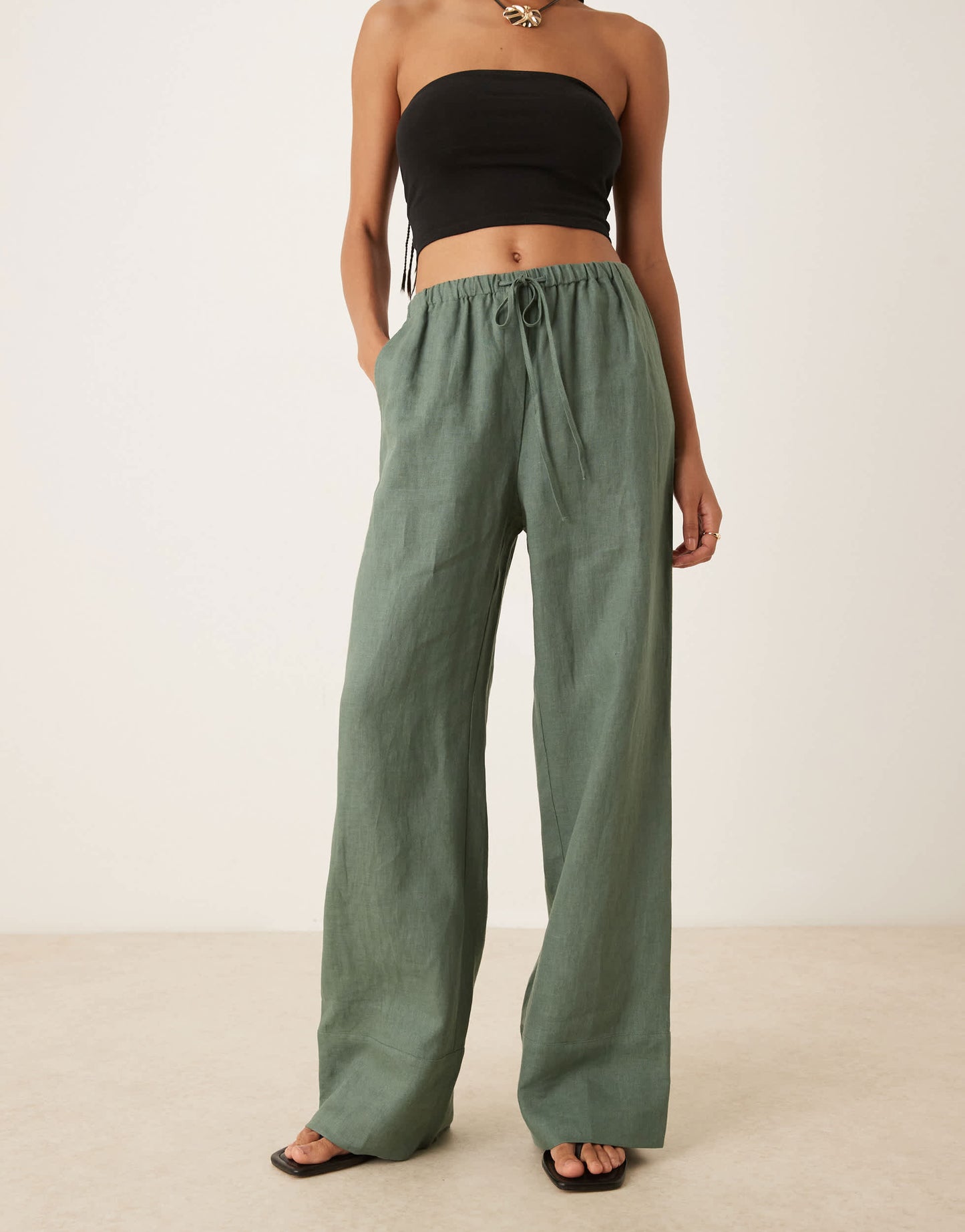 Mango linen slouchy tie waist trouser co-ord in sage green