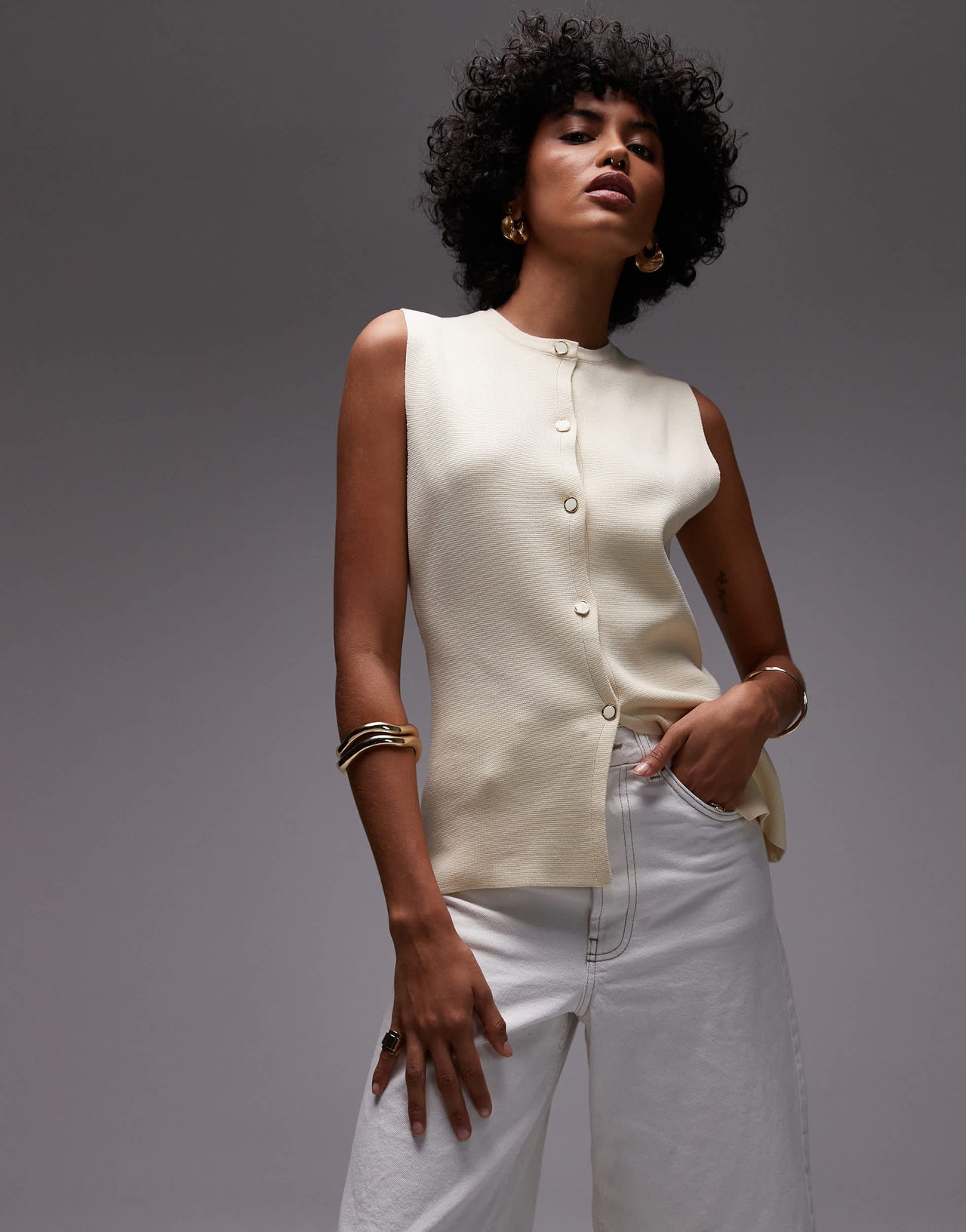 Mango button through knitted waistcoat in ecru