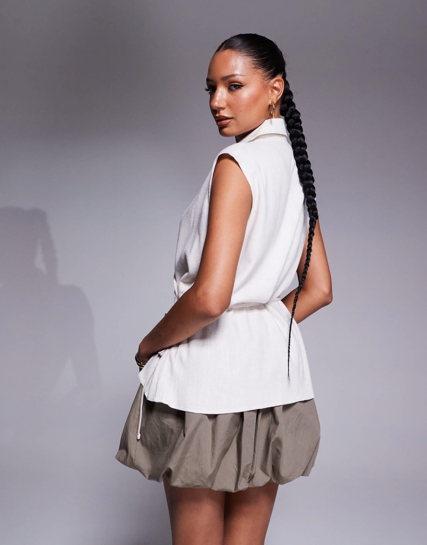 ASOS DESIGN linen look wrap over sleeveless blouse in cream