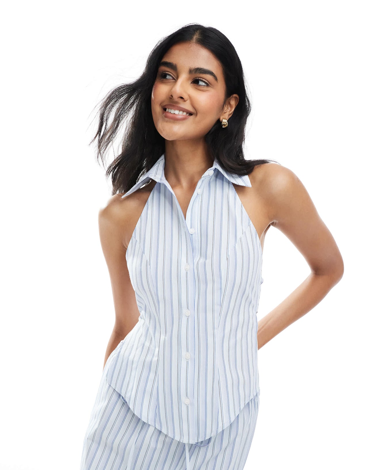 ASOS DESIGN halterneck tie back sleeveless co-ord shirt in stripe