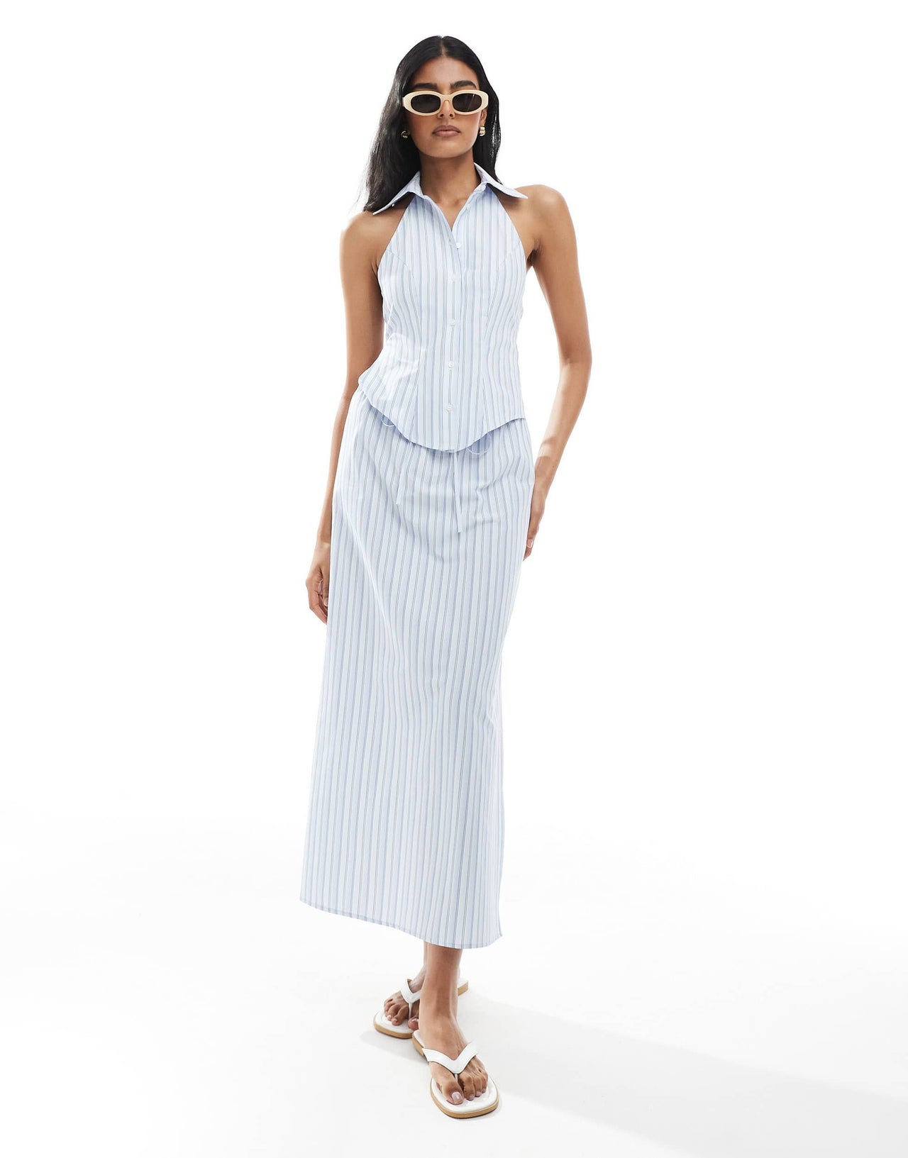 ASOS DESIGN halterneck tie back sleeveless co-ord shirt in stripe