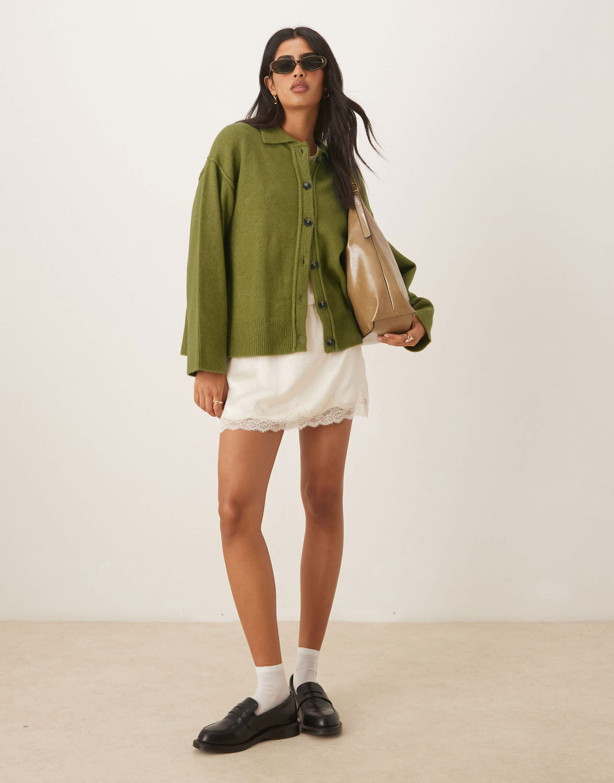 ASOS DESIGN knitted collar shirt cardigan with seam detail in olive