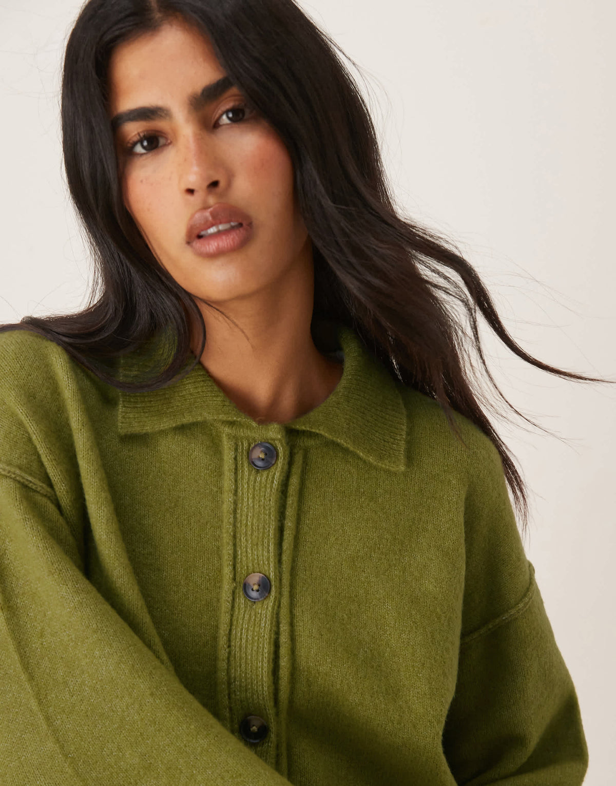 ASOS DESIGN knitted collar shirt cardigan with seam detail in olive