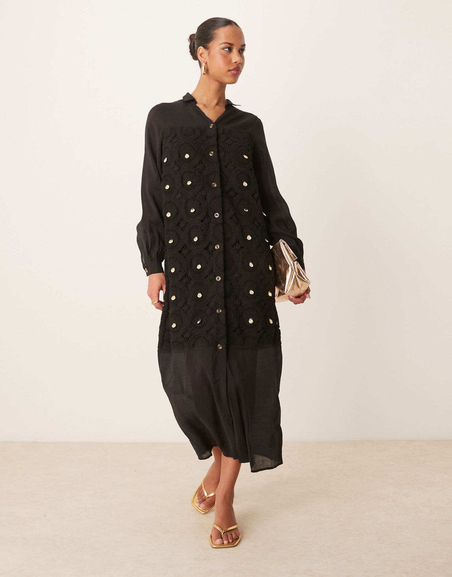 Never Fully Dressed crochet longline shirt dress in black