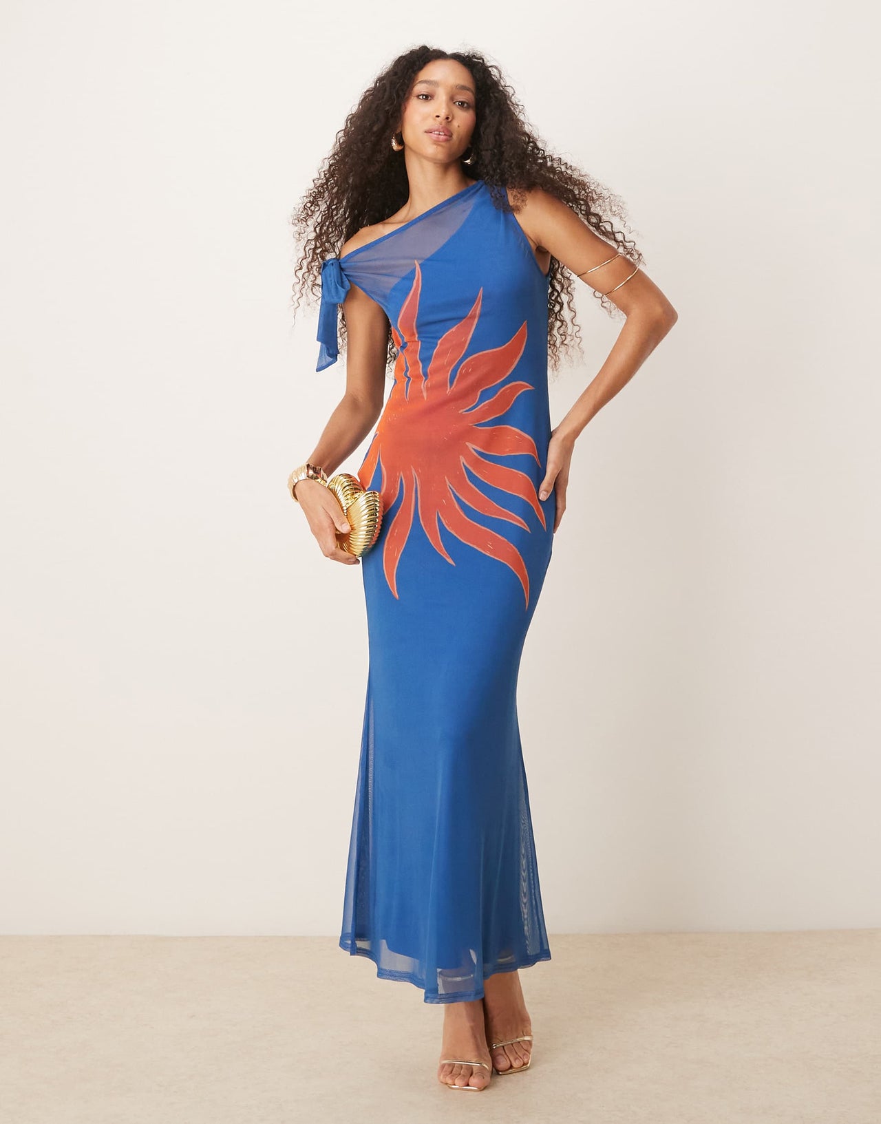Never Fully Dressed asymmetric off shoulder maxi dress in blue sun print