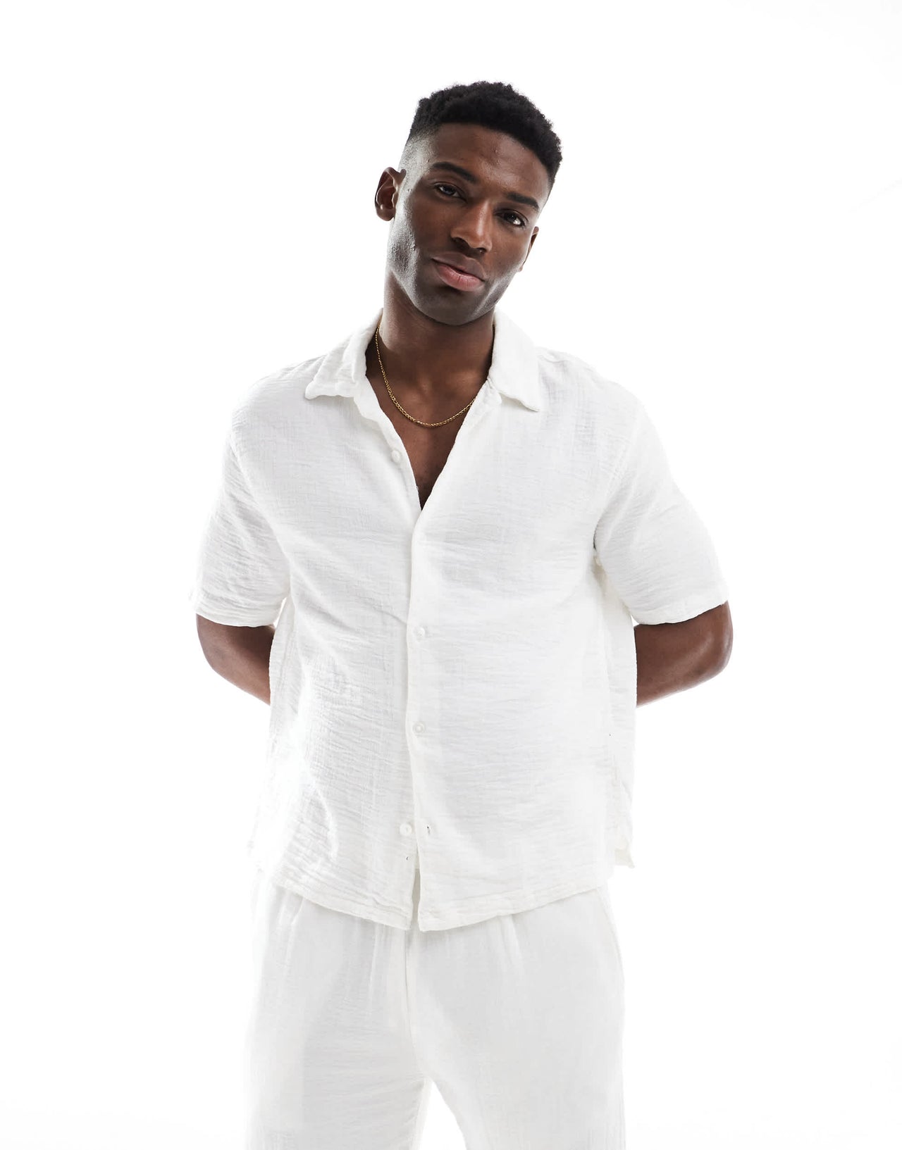 Bershka textured revere collar co-ord shirt in white