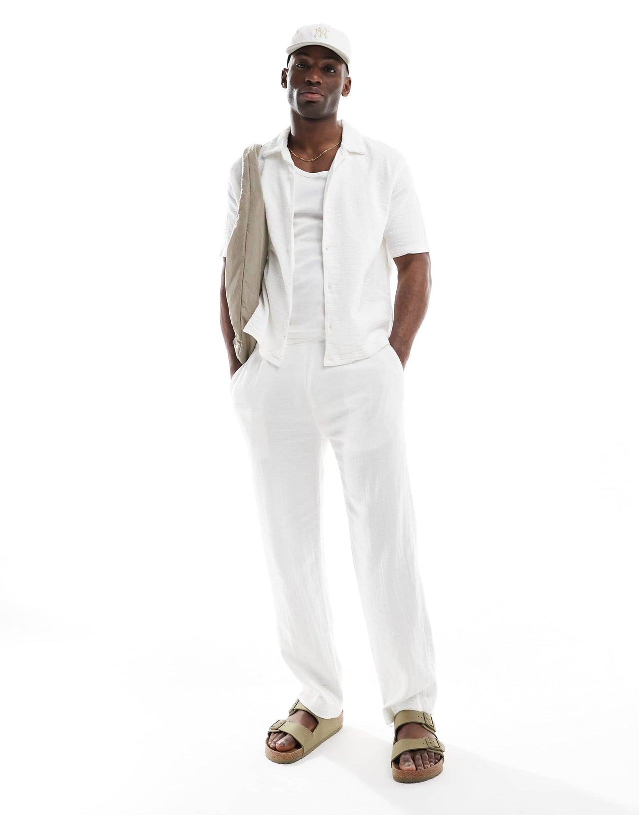 Bershka textured revere collar co-ord shirt in white