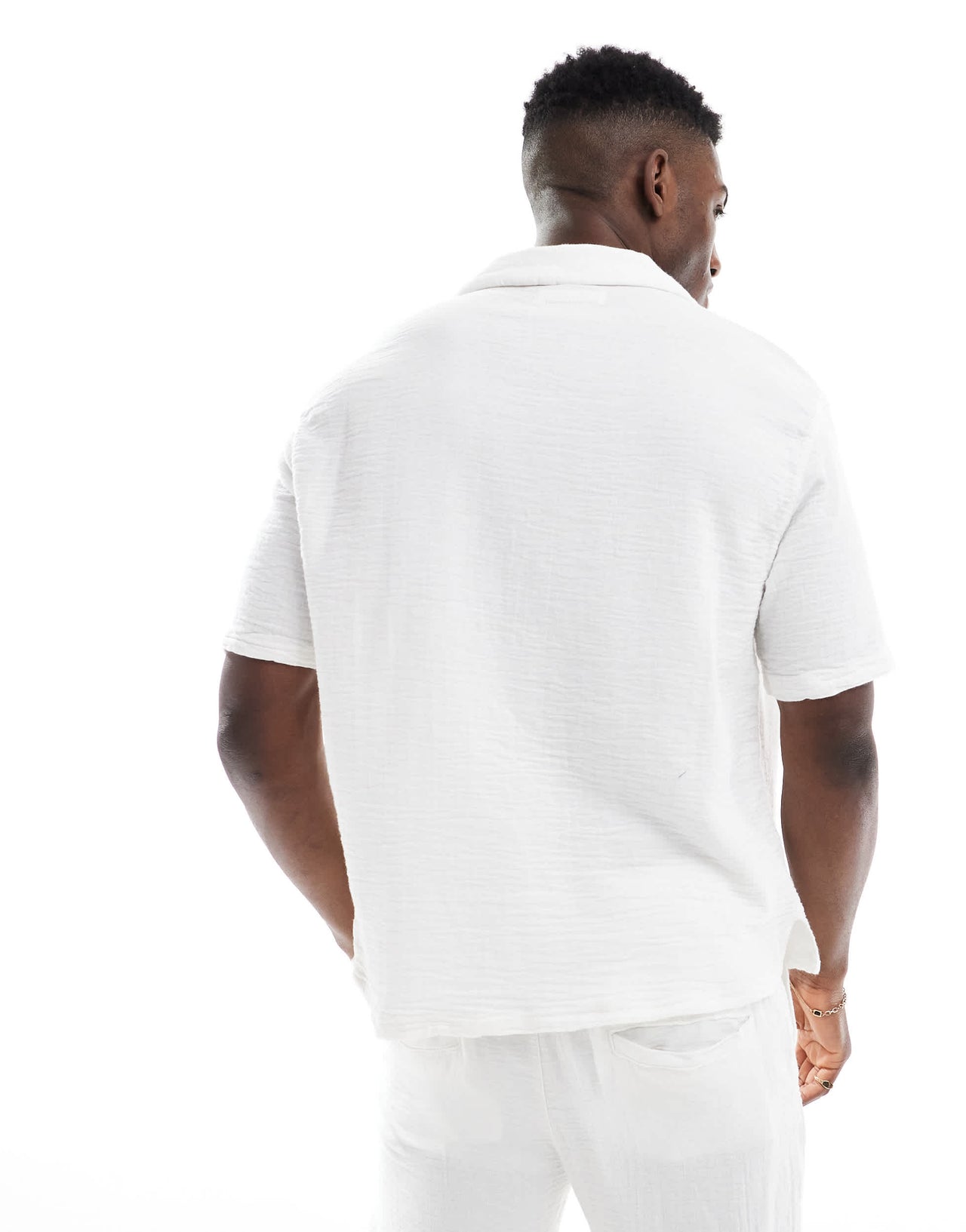 Bershka textured revere collar co-ord shirt in white