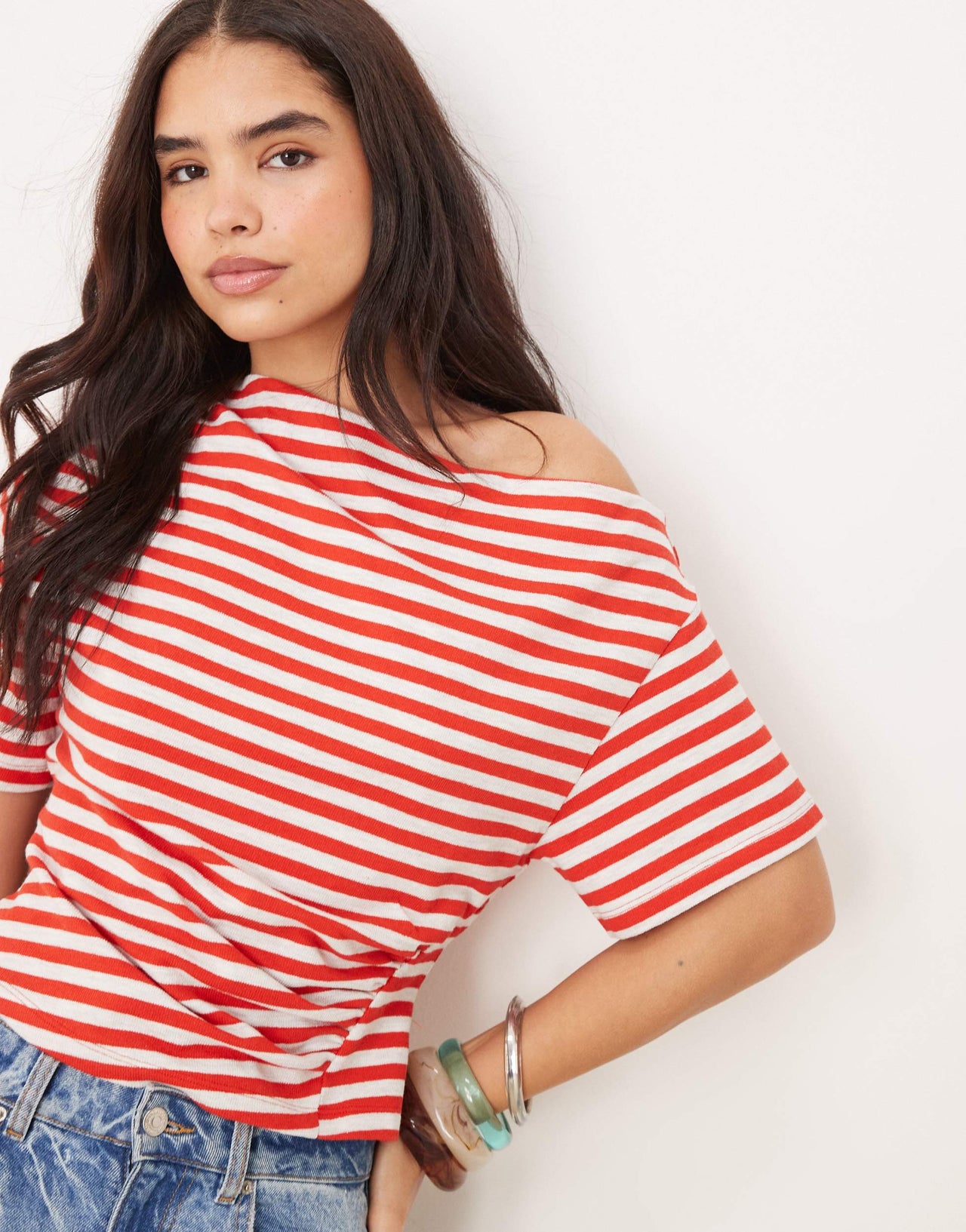 ASOS DESIGN corset waist detail tee in textured red and grey stripe