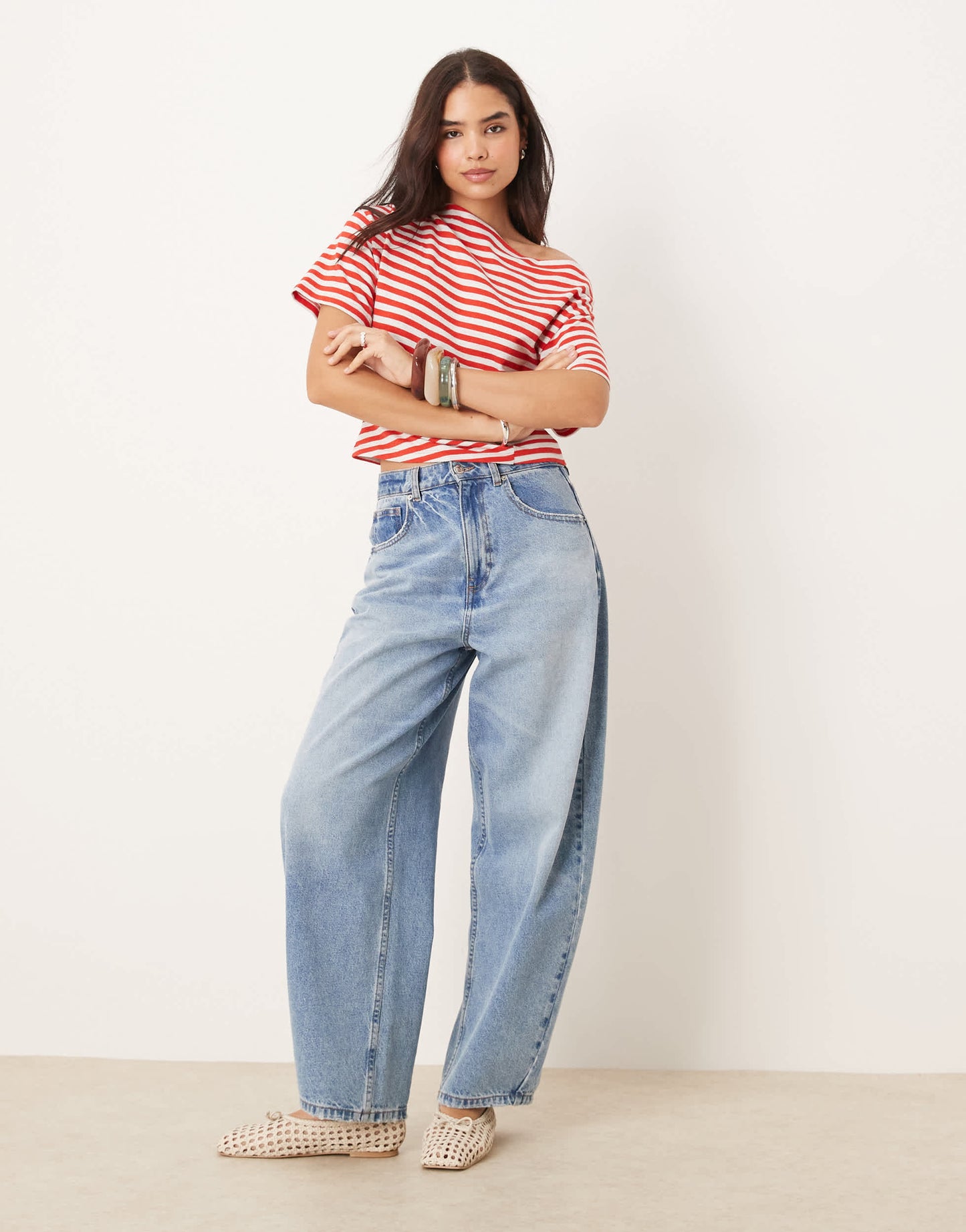 ASOS DESIGN corset waist detail tee in textured red and grey stripe