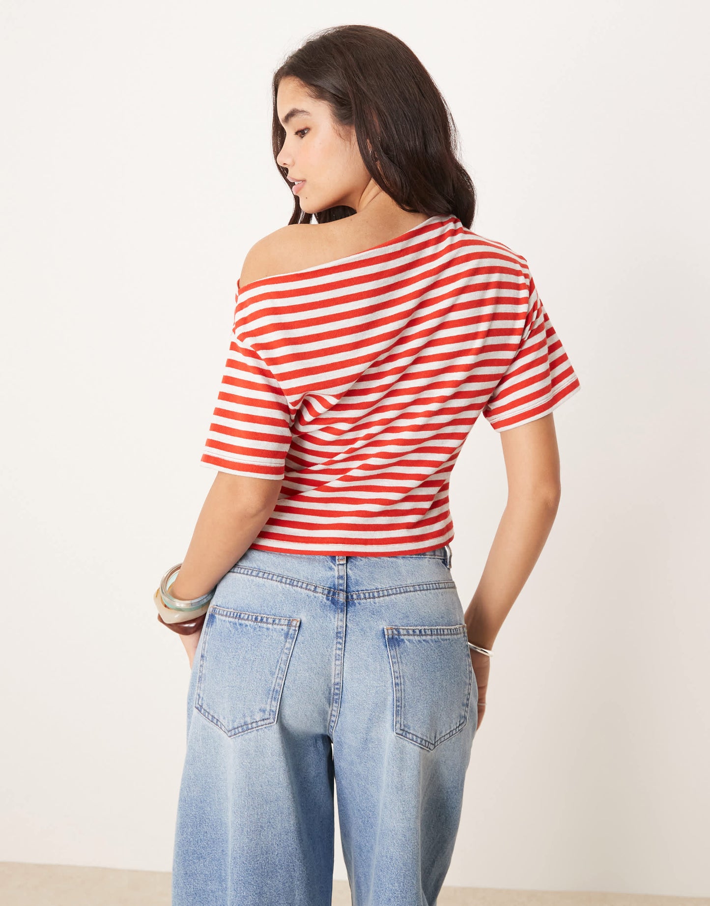 ASOS DESIGN corset waist detail tee in textured red and grey stripe