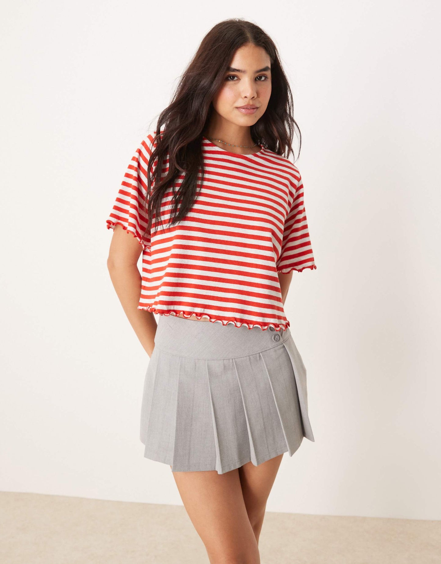 ASOS DESIGN lettuce hem cropped tee in textured red and grey stripe
