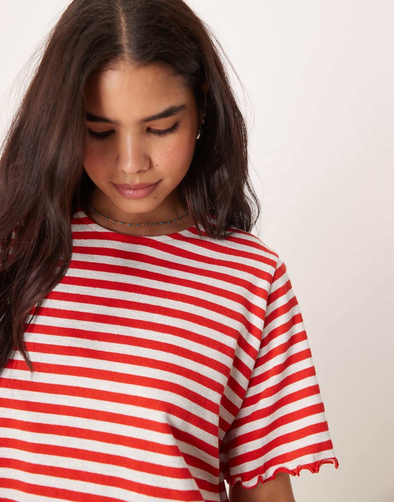 ASOS DESIGN lettuce hem cropped tee in textured red and grey stripe