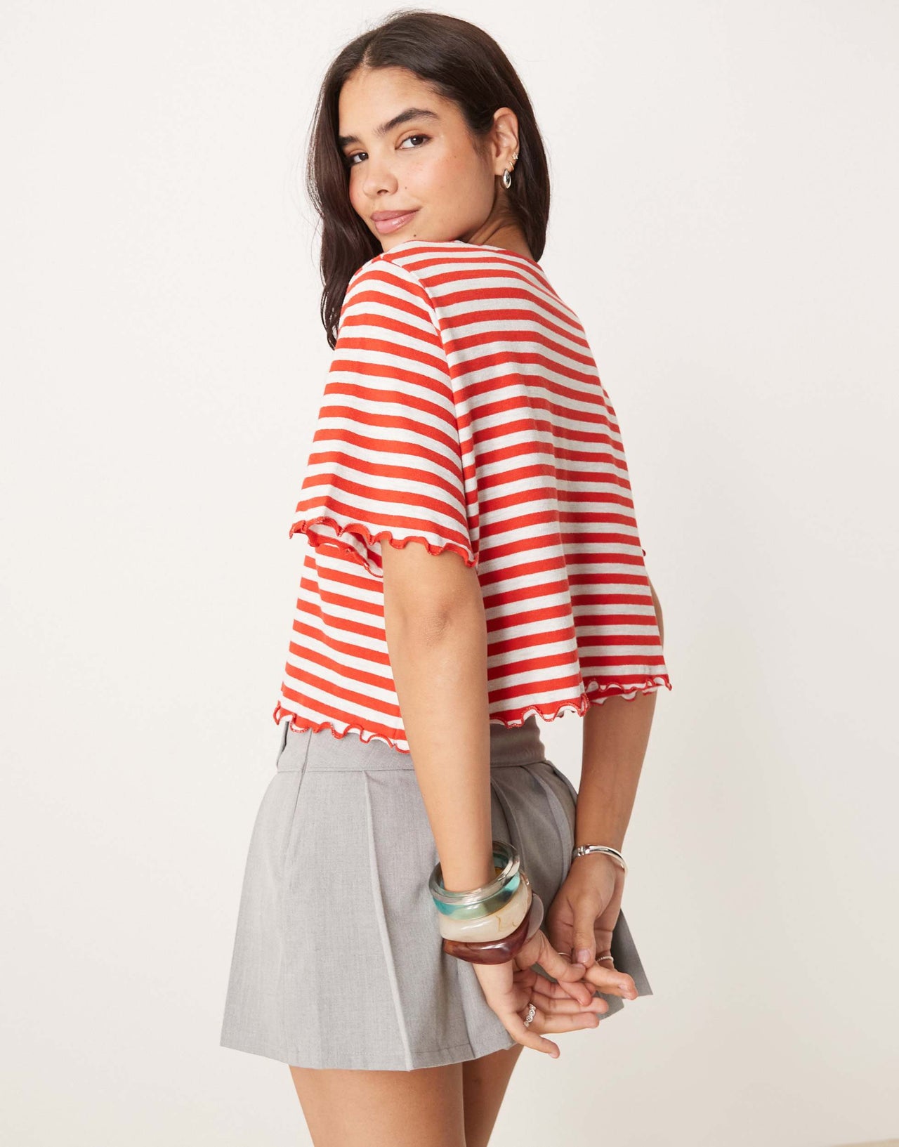 ASOS DESIGN lettuce hem cropped tee in textured red and grey stripe