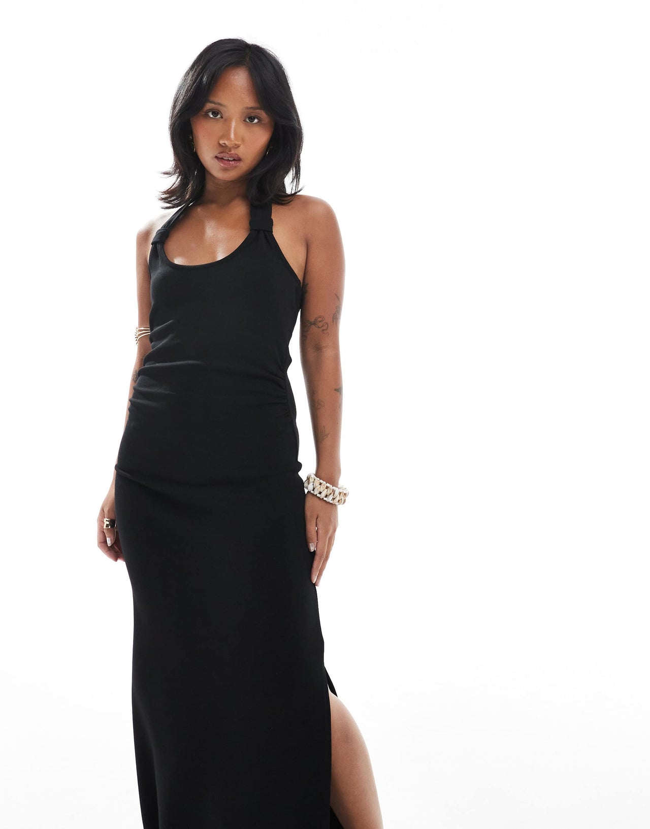 4th & Reckless Petite exclusive knot detail halterneck maxi dress in black