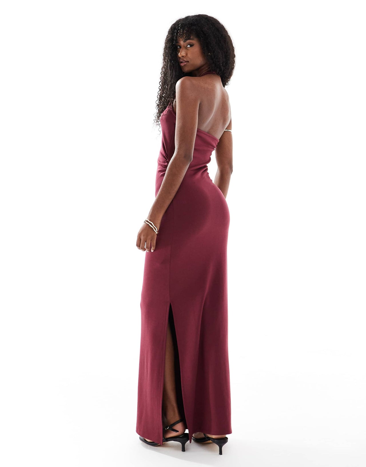 4th & Reckless halterneck knot detail open back side split maxi dress in plum