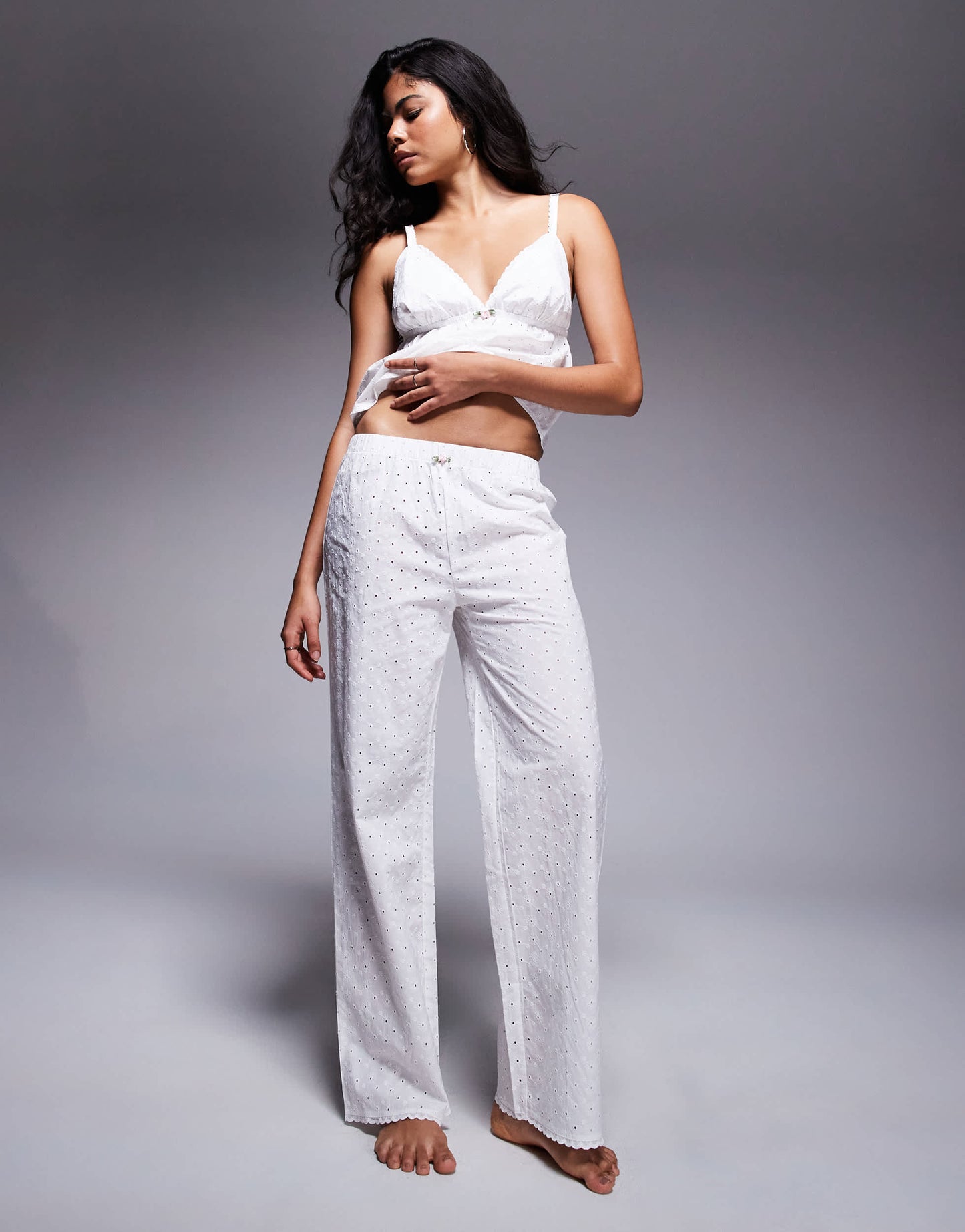 Boux Avenue woven cotton broderie cami and pant set in white