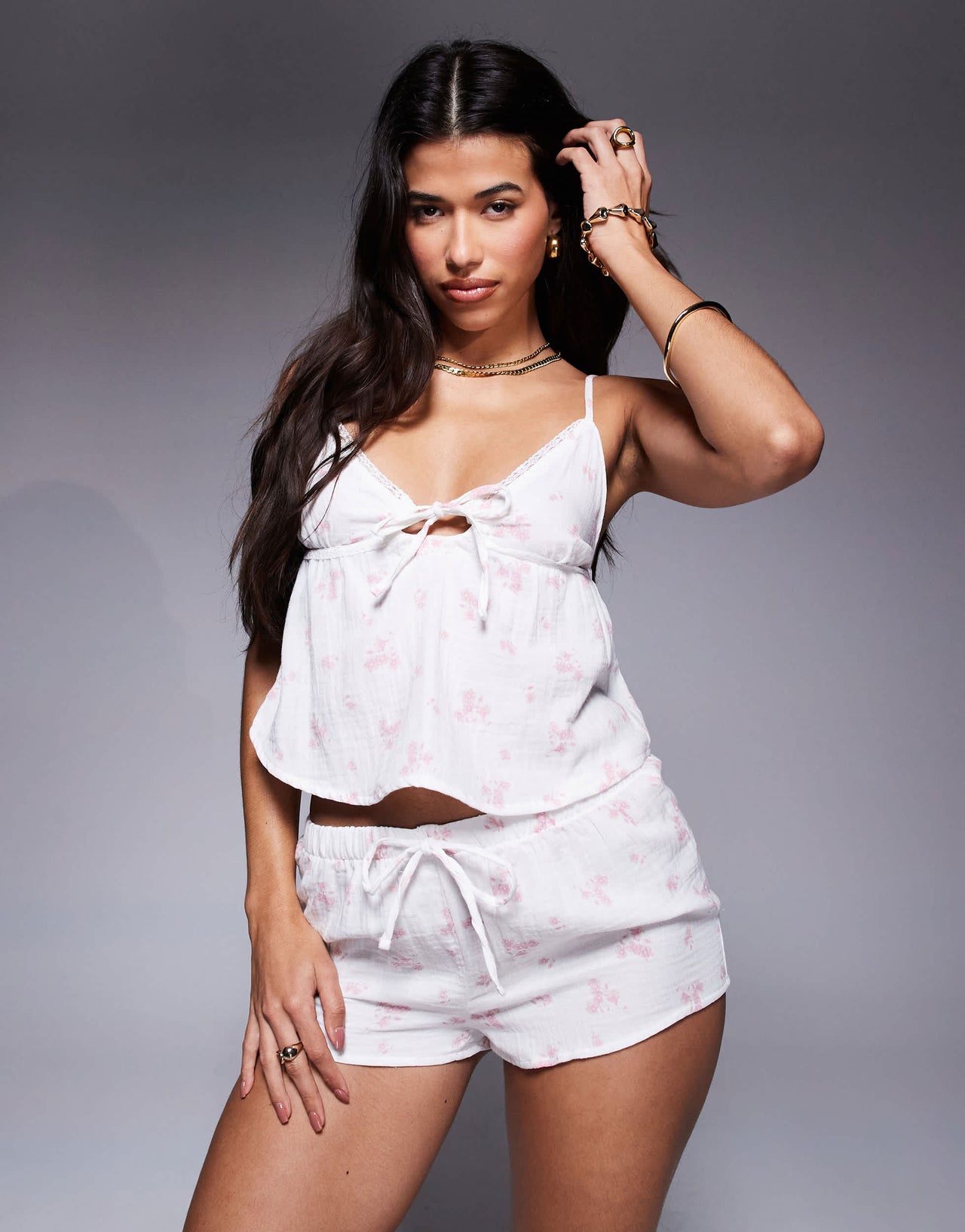Boux Avenue vintage floral print cheesecloth cami and short set in white