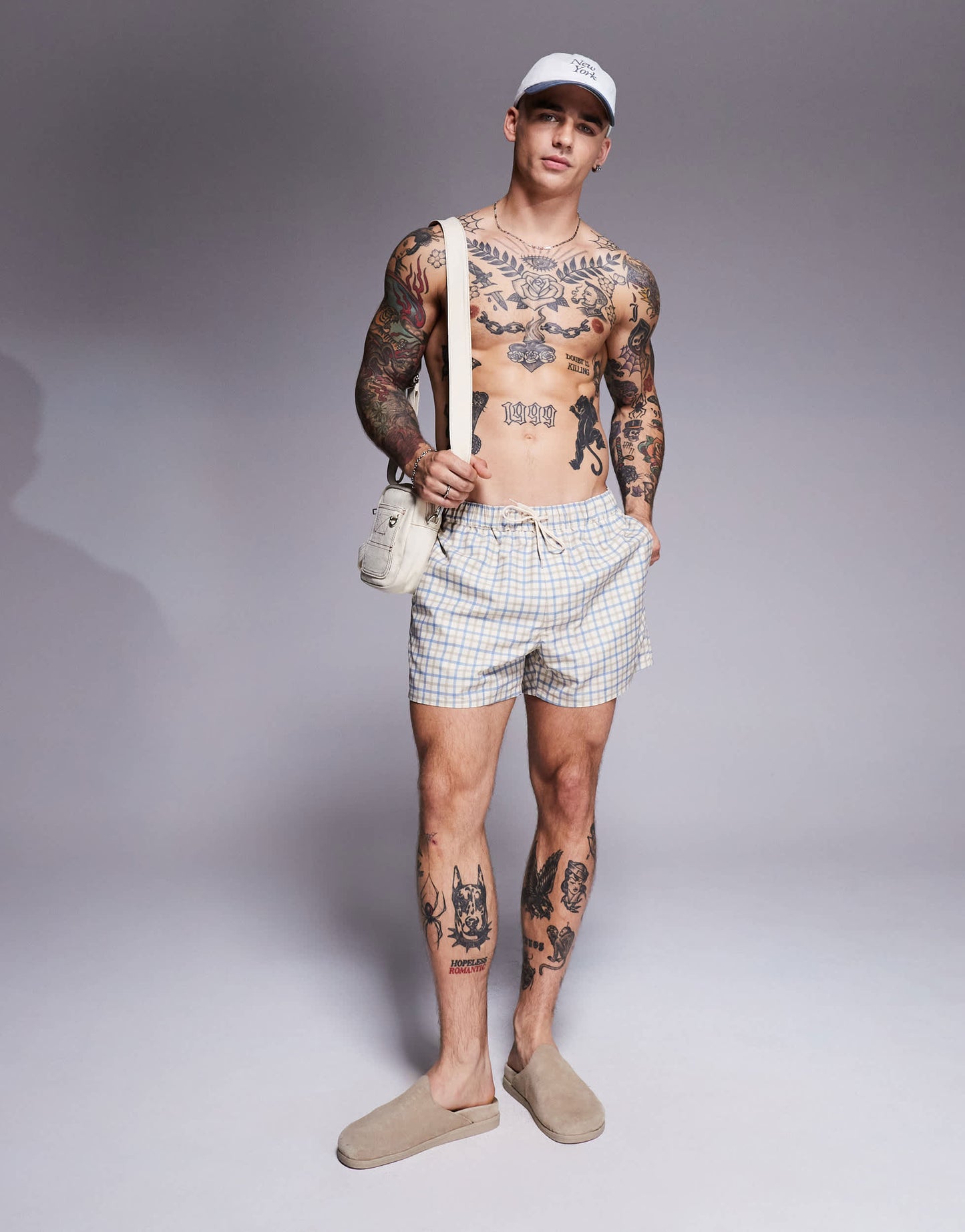 ASOS DESIGN swim shorts in mid length in blue check