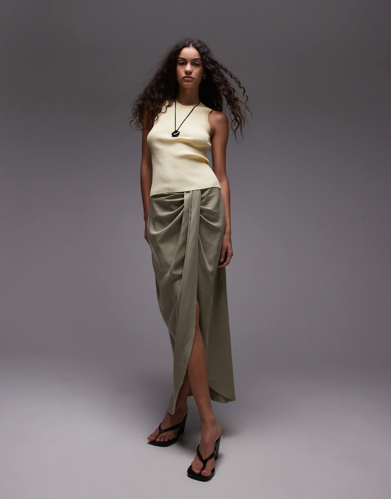 Mango fine rib linen mix vest in pale yellow
