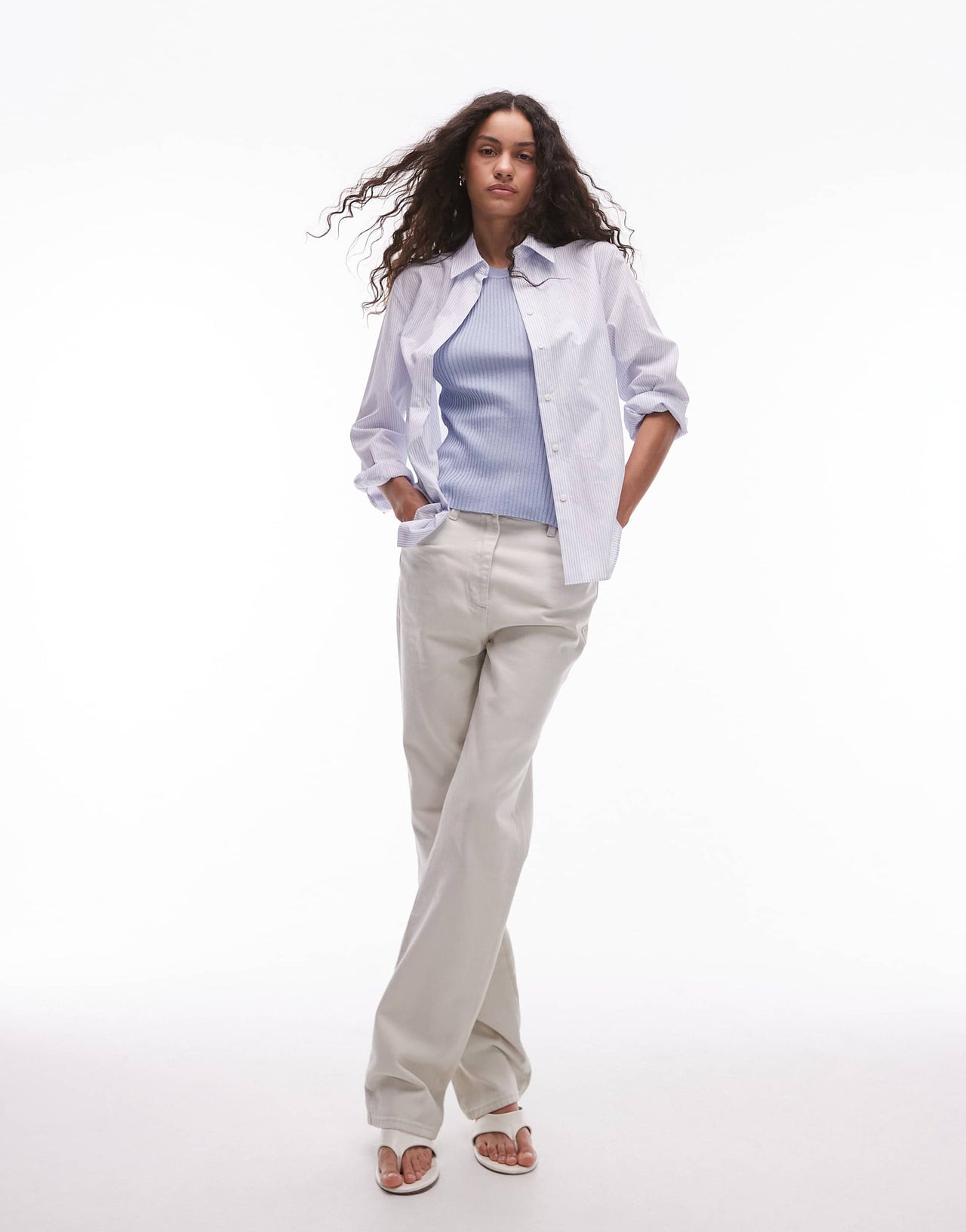 Mango fine rib linen mix vest in pale blue