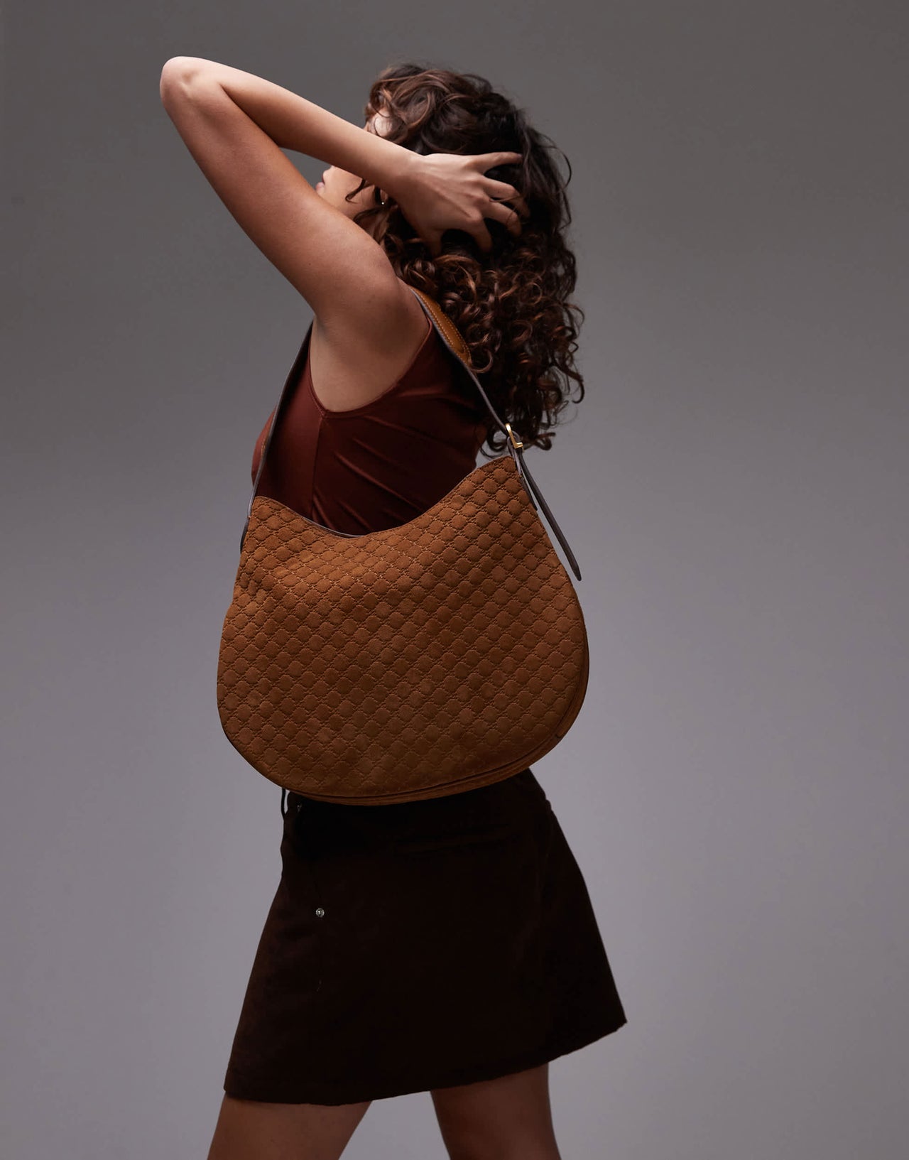 Mango embossed monogram leather bag in brown