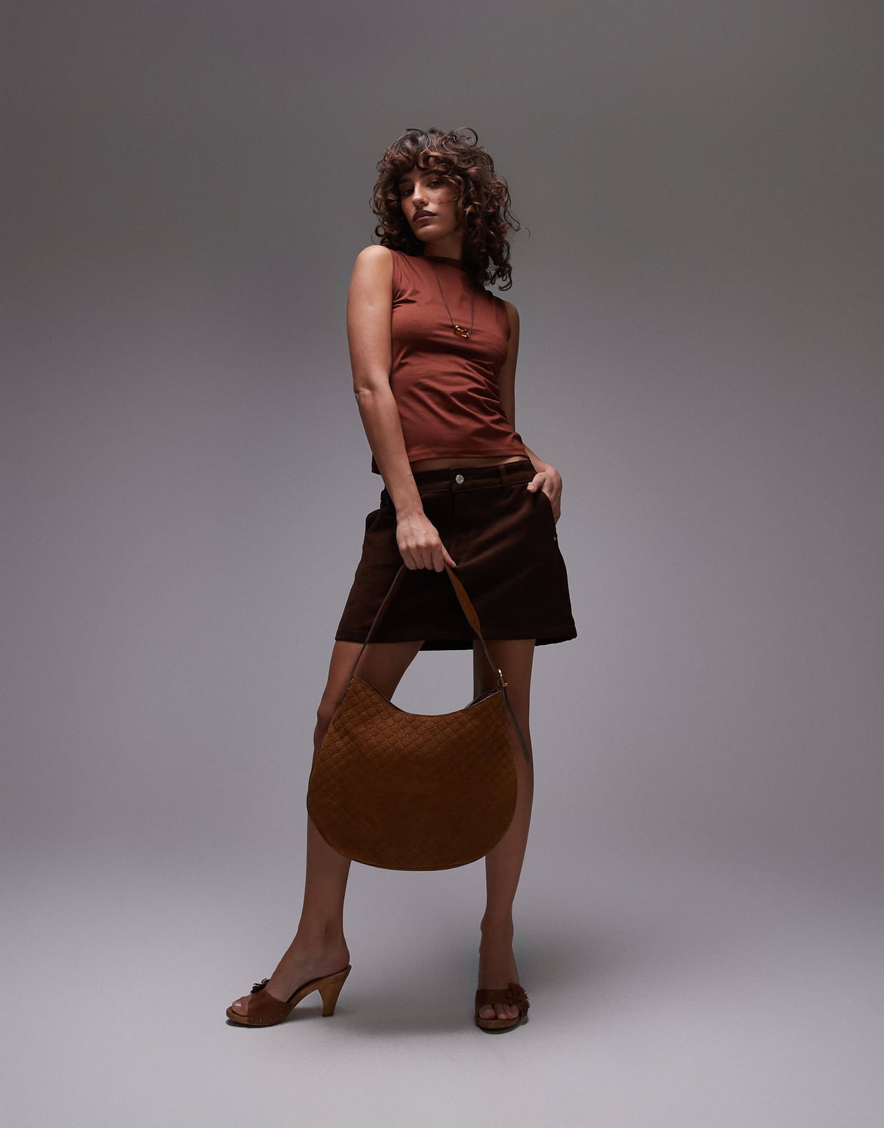Mango embossed monogram leather bag in brown