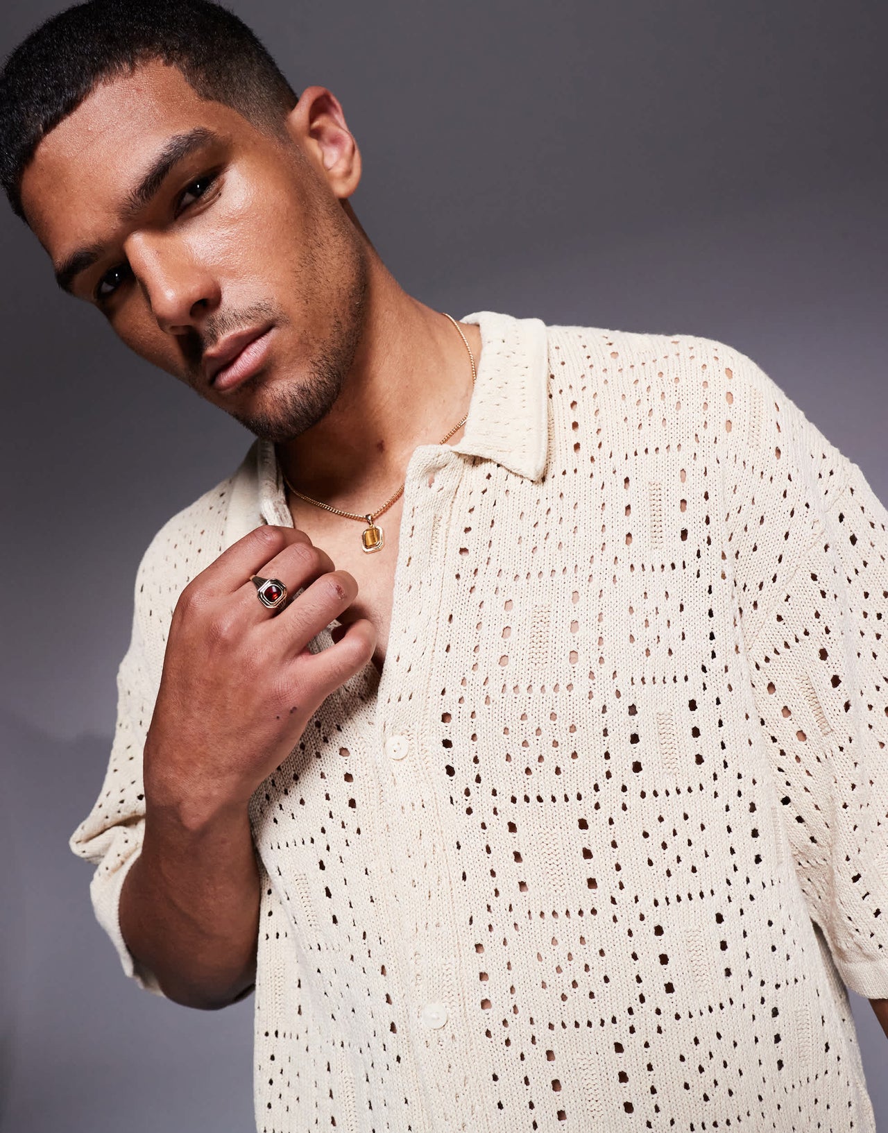 ADPT knitted crochet shirt in cream