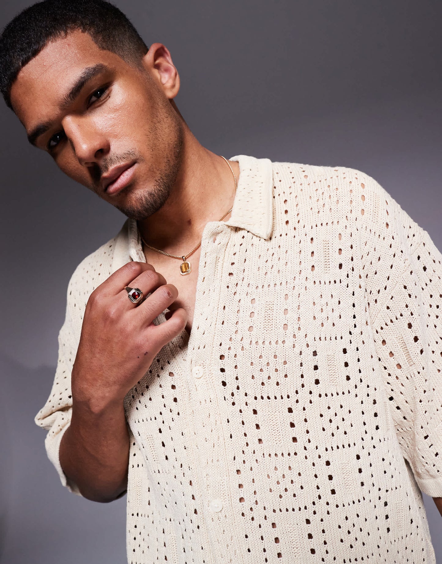 ADPT knitted crochet shirt in cream