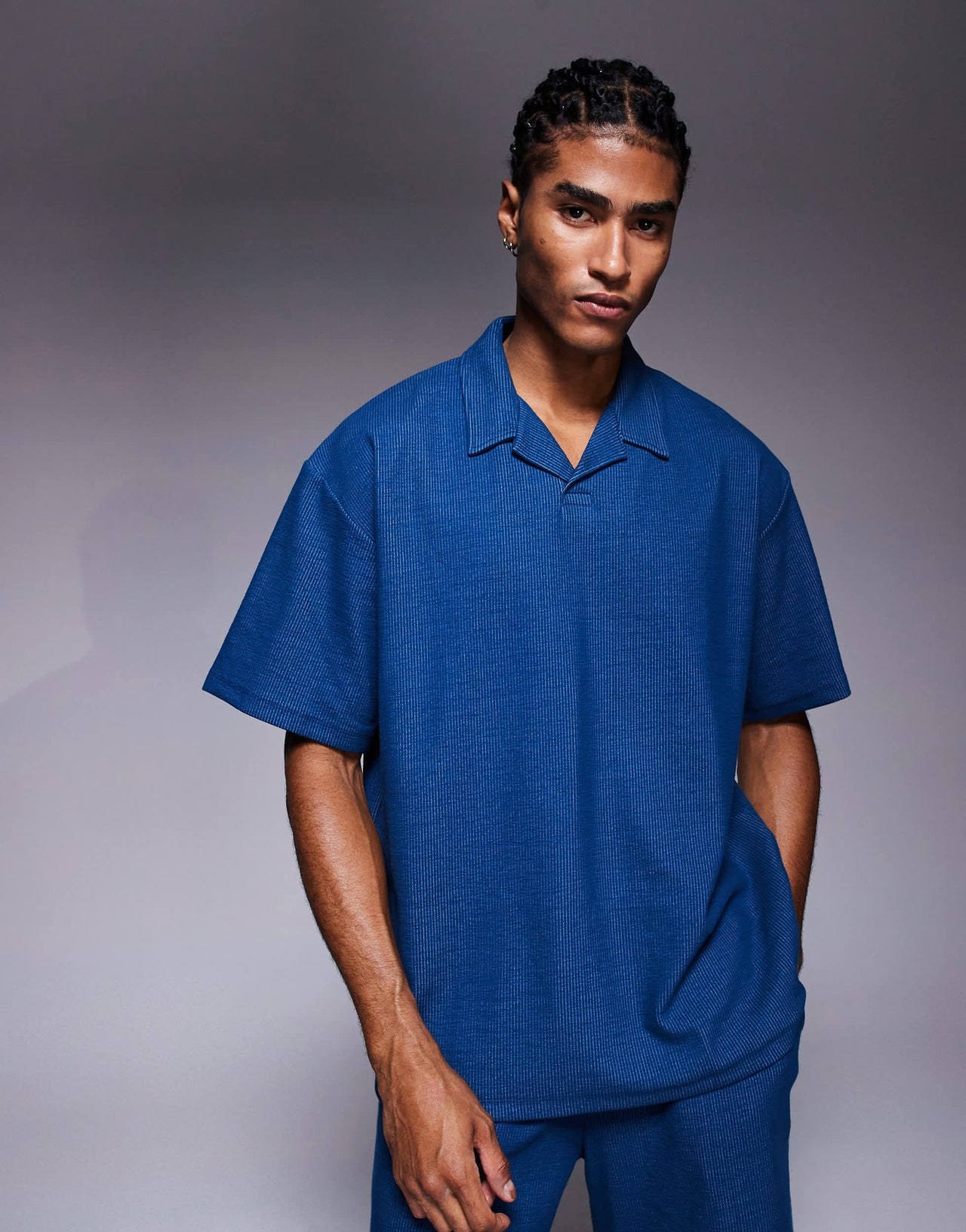 ADPT split neck texture polo shirt in denim blue