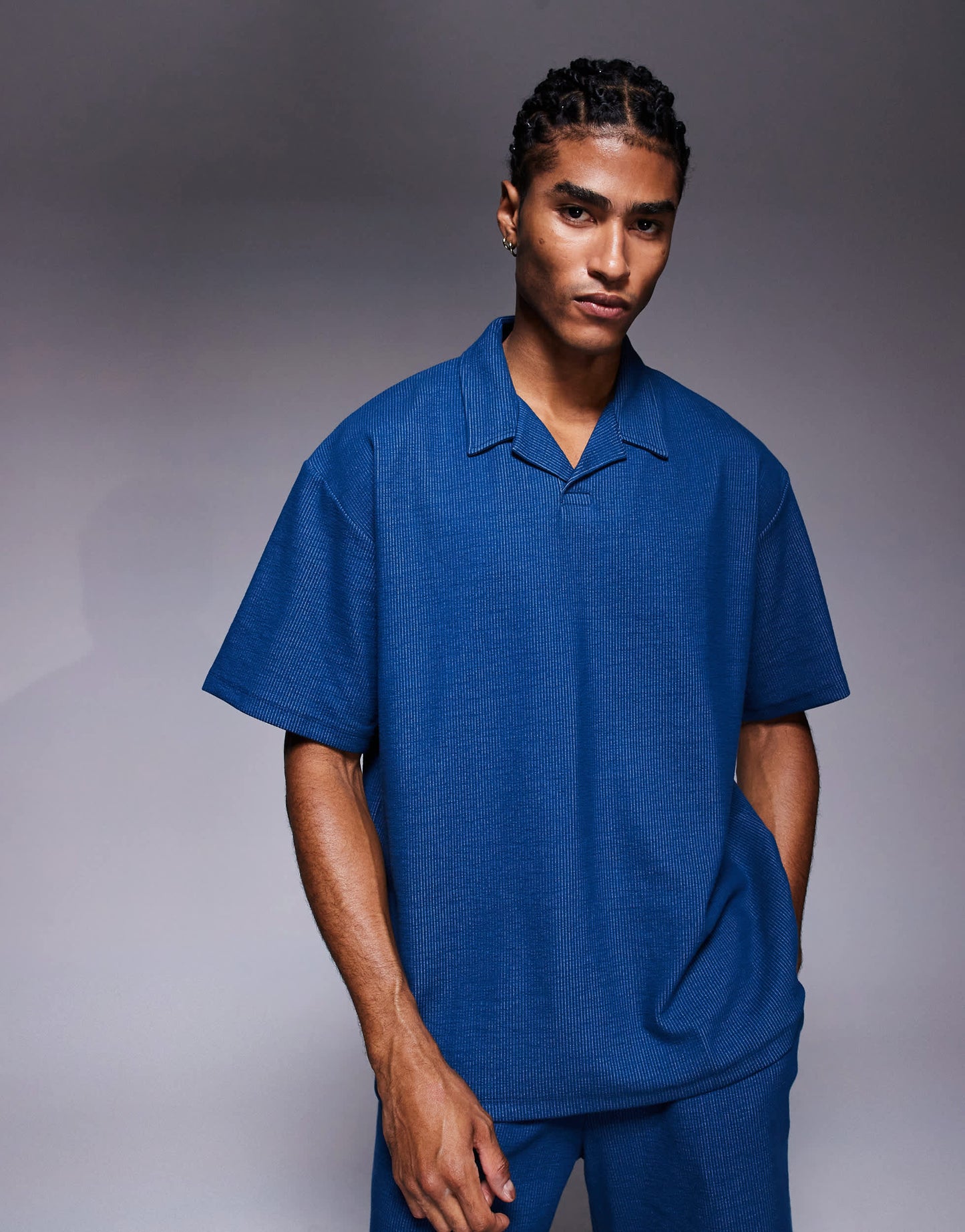 ADPT split neck texture polo shirt in denim blue