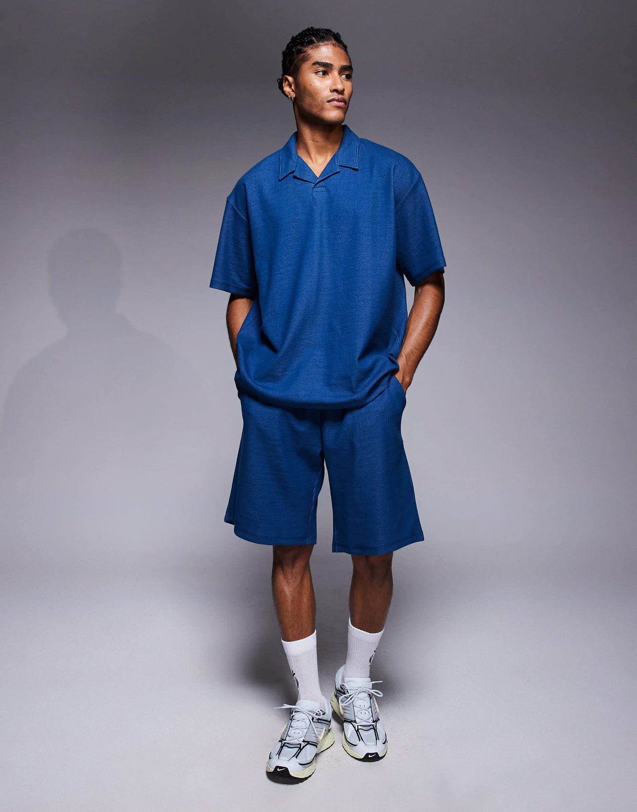 ADPT split neck texture polo shirt in denim blue