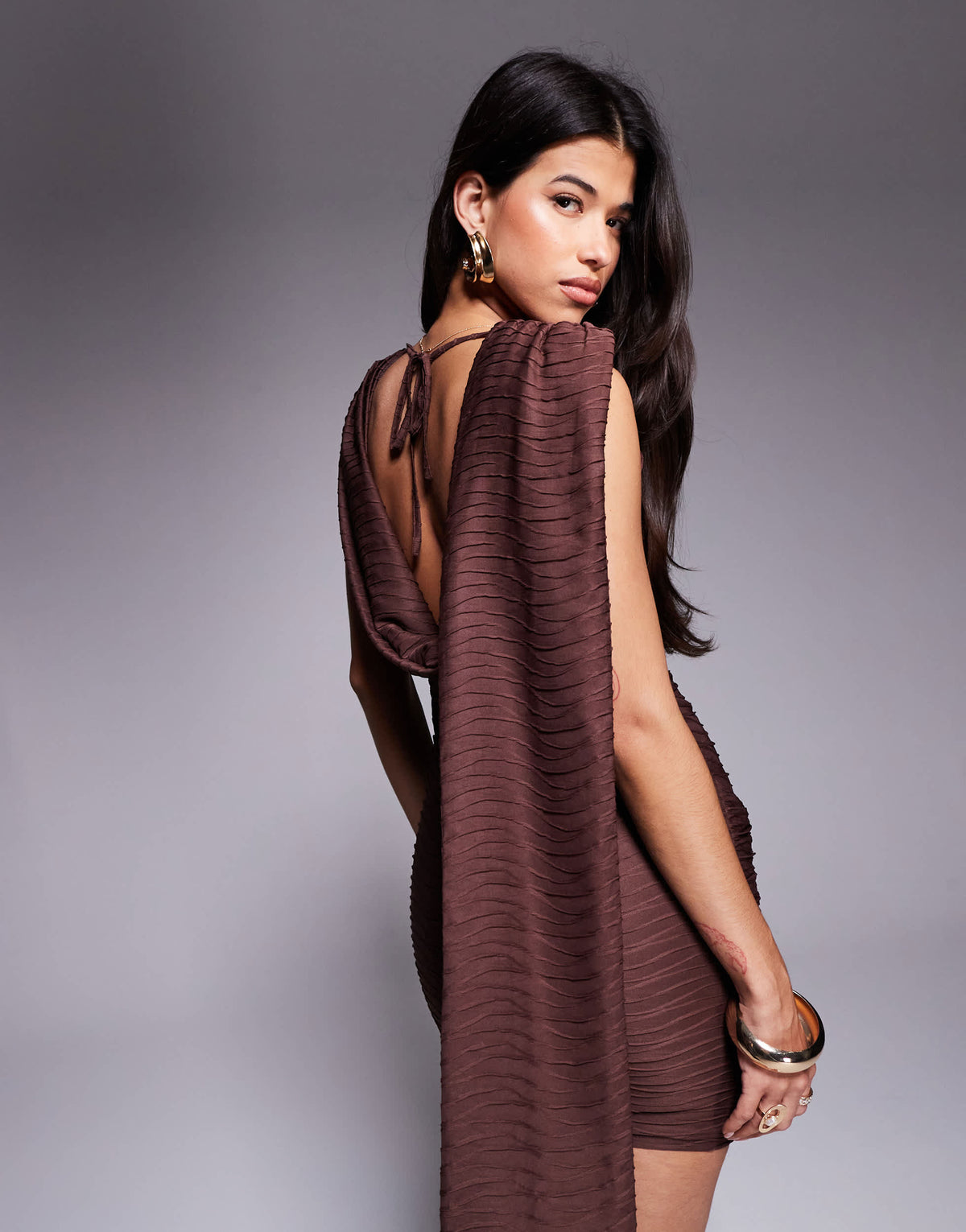 ASOS DESIGN textured slash neck mini dress with draped sash detail in chocolate