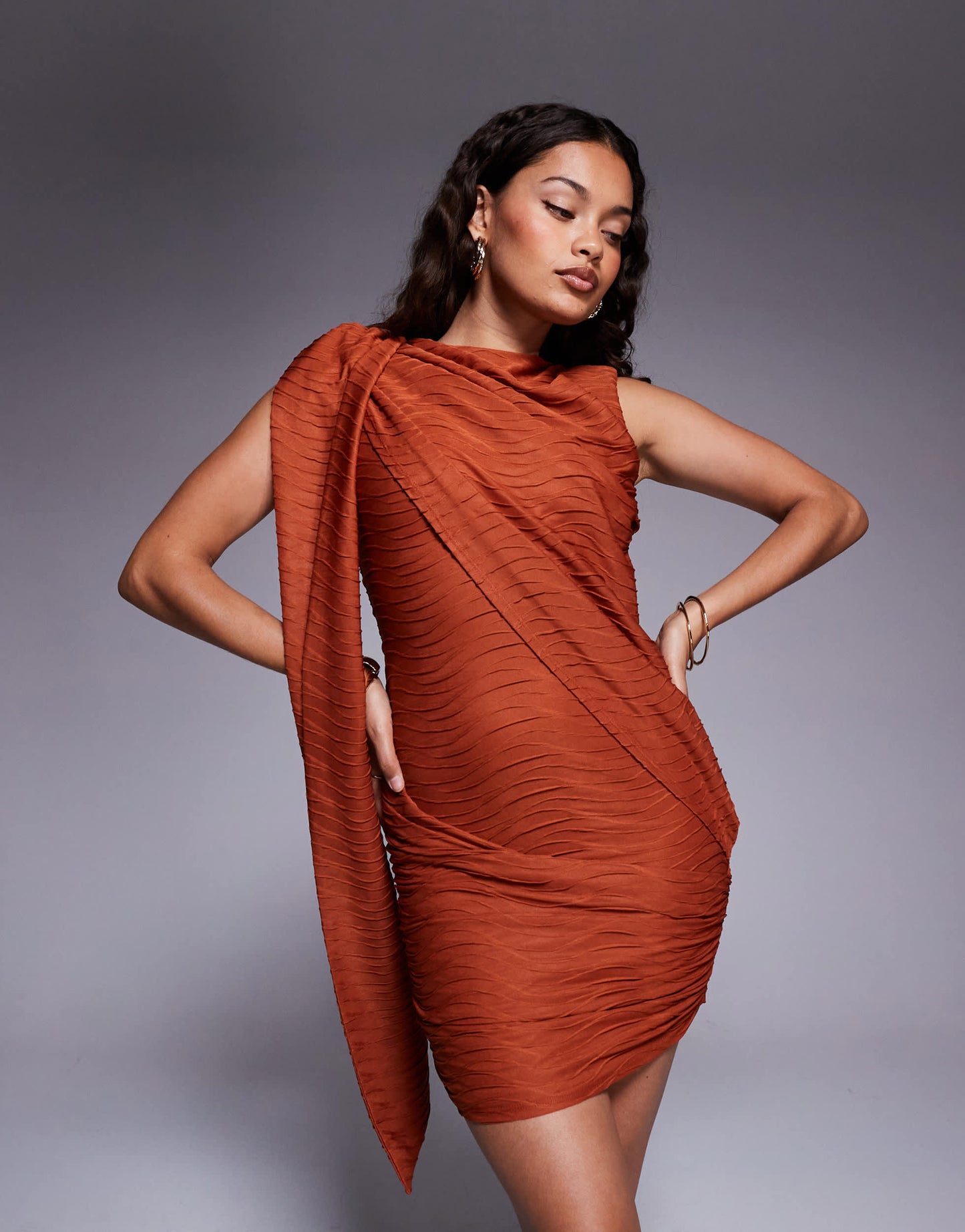 ASOS DESIGN Petite textured slash neck mini dress with draped sash detail in orange