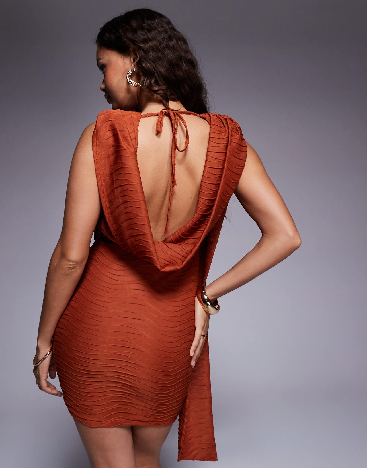 ASOS DESIGN Petite textured slash neck mini dress with draped sash detail in orange